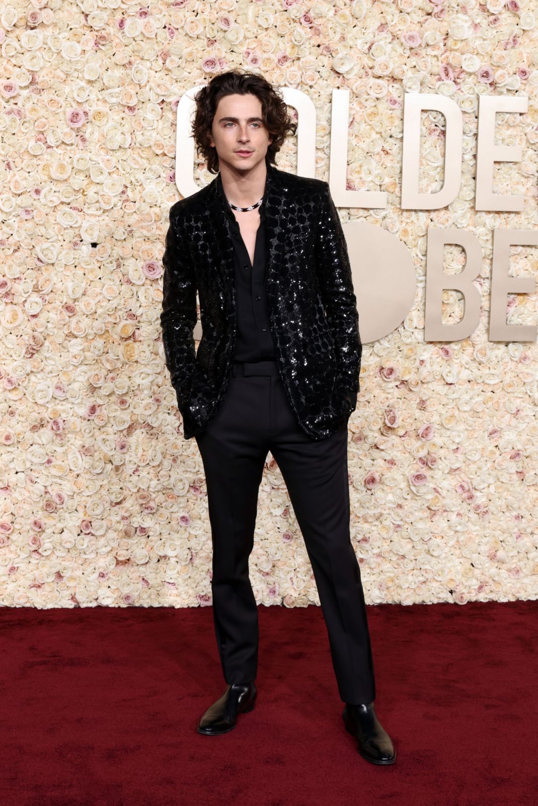BEVERLY HILLS, CALIFORNIA - JANUARY 07: Timothée Chalamet attend the 81st Annual Golden Globe Awards at The Beverly Hilton on January 07, 2024 in Beverly Hills, California. (Photo by Amy Sussman/Getty Images)
