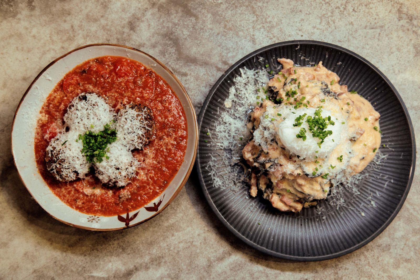 Quinoa arancini in pomodoro sauce and the squid ink linguine carbonara
