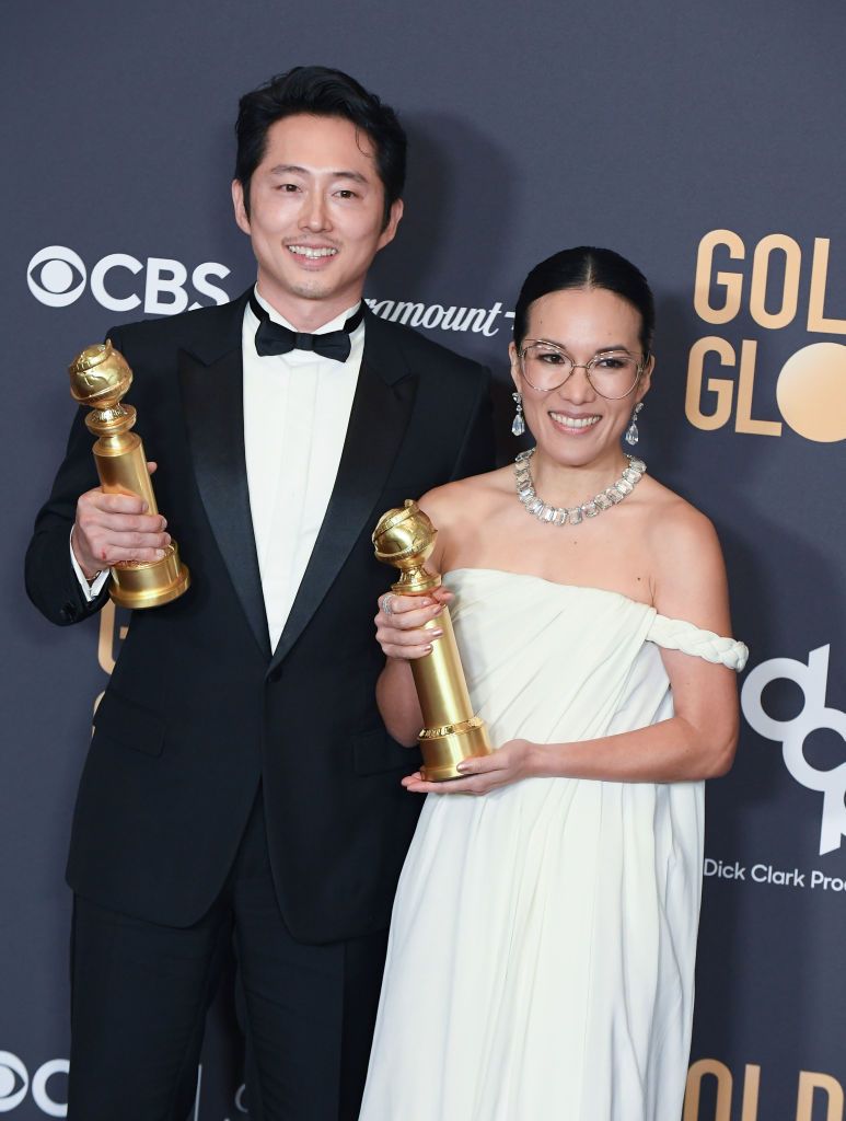 BEVERLY HILLS, CALIFORNIA - JANUARY 7: Steven Yeun and Ali Wong pose in the press room during the 81st Annual Golden Globe Awards at The Beverly Hilton on January 7, 2024 in Beverly Hills, California. (Photo by Steve Granitz/FilmMagic)