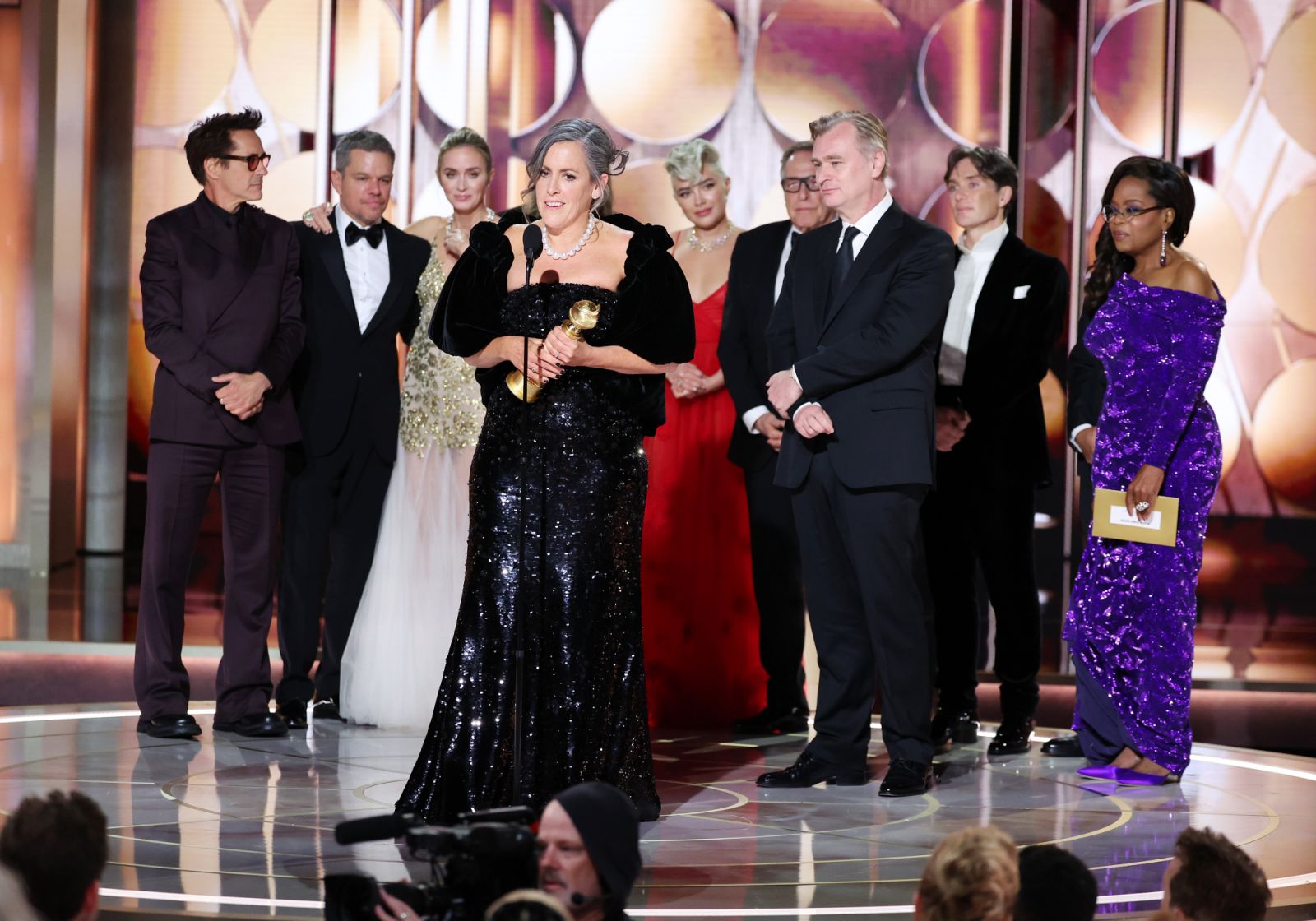 Emma Thomas accepts the award for Best Motion Picture  Drama for "Oppenheimer" at the 81st Golden Globe Awards held at the Beverly Hilton Hotel on January 7, 2024 in Beverly Hills, California. (Photo by Rich Polk/Golden Globes 2024/Golden Globes 2024 via Getty Images)