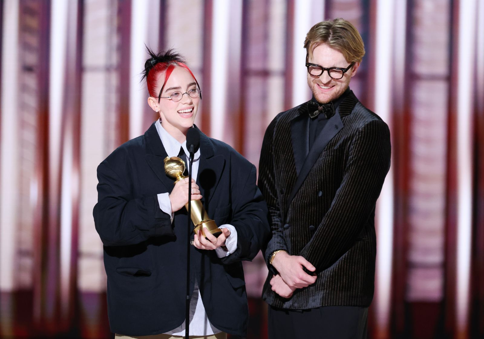 Billie Eilish and FINNEAS accepts the award for Best Original Song Motion Picture for "What Was I Made For?" Barbie Music & Lyrics at the 81st Golden Globe Awards held at the Beverly Hilton Hotel on January 7, 2024 in Beverly Hills, California. (Photo by Rich Polk/Golden Globes 2024/Golden Globes 2024 via Getty Images)