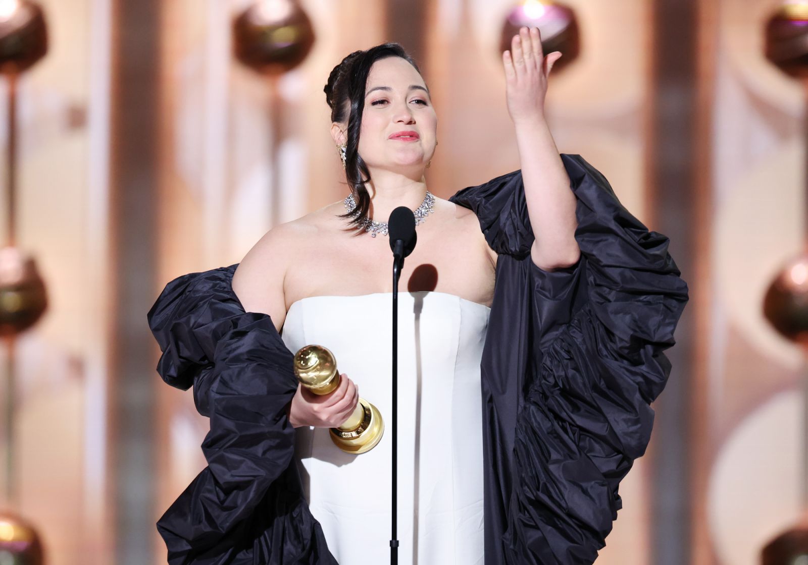 Lily Gladstone accepts award for Best Performance by a Female Actor in a Motion Picture Drama for "Killers of the Flower Moon" at the 81st Golden Globe Awards held at the Beverly Hilton Hotel on January 7, 2024 in Beverly Hills, California. (Photo by Rich Polk/Golden Globes 2024/Golden Globes 2024 via Getty Images)