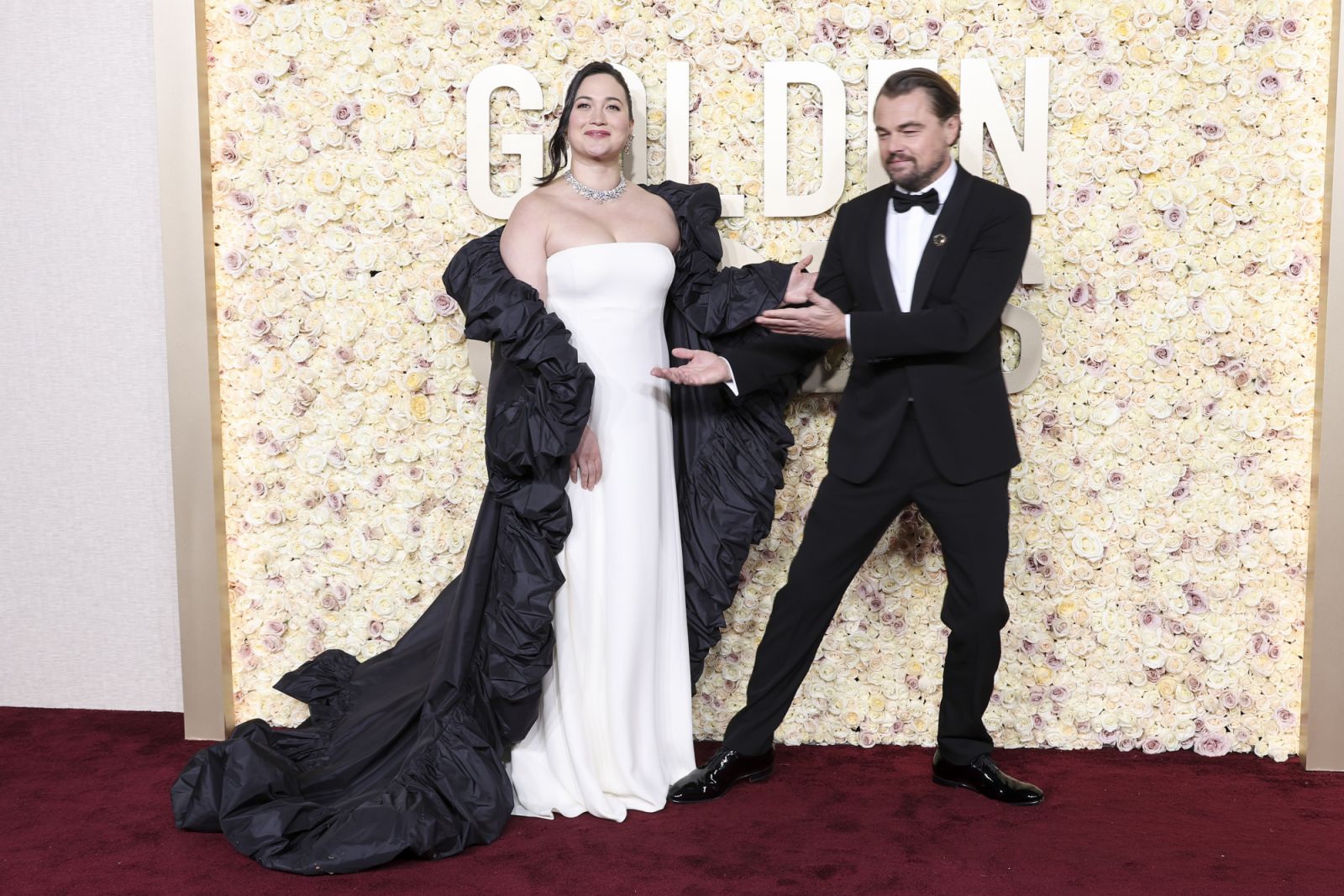 Lily Gladstone and Leonardo DiCaprio at the 81st Golden Globe Awards held at the Beverly Hilton Hotel on January 7, 2024 in Beverly Hills, California. (Photo by John Salangsang/Golden Globes 2024/Golden Globes 2024 via Getty Images)