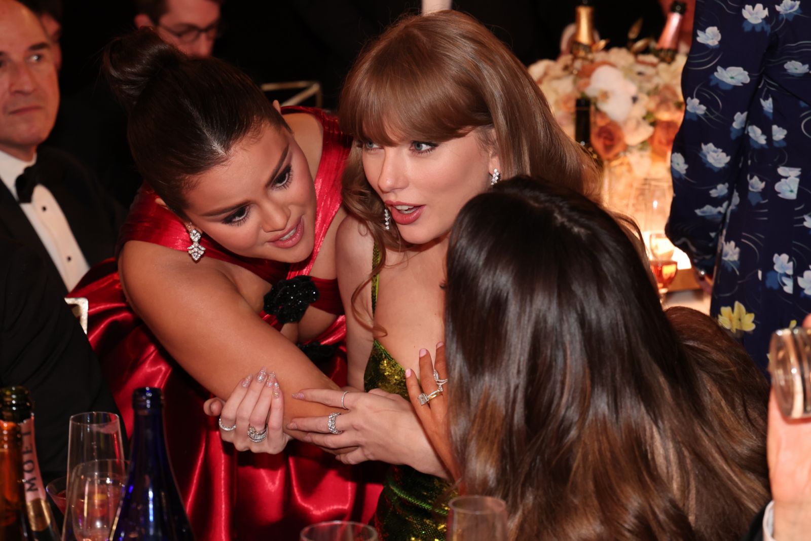 Selena Gomez and Taylor Swift at the 81st Golden Globe Awards held at the Beverly Hilton Hotel on January 7, 2024 in Beverly Hills, California. (Photo by Christopher Polk/Golden Globes 2024/Golden Globes 2024 via Getty Images)
