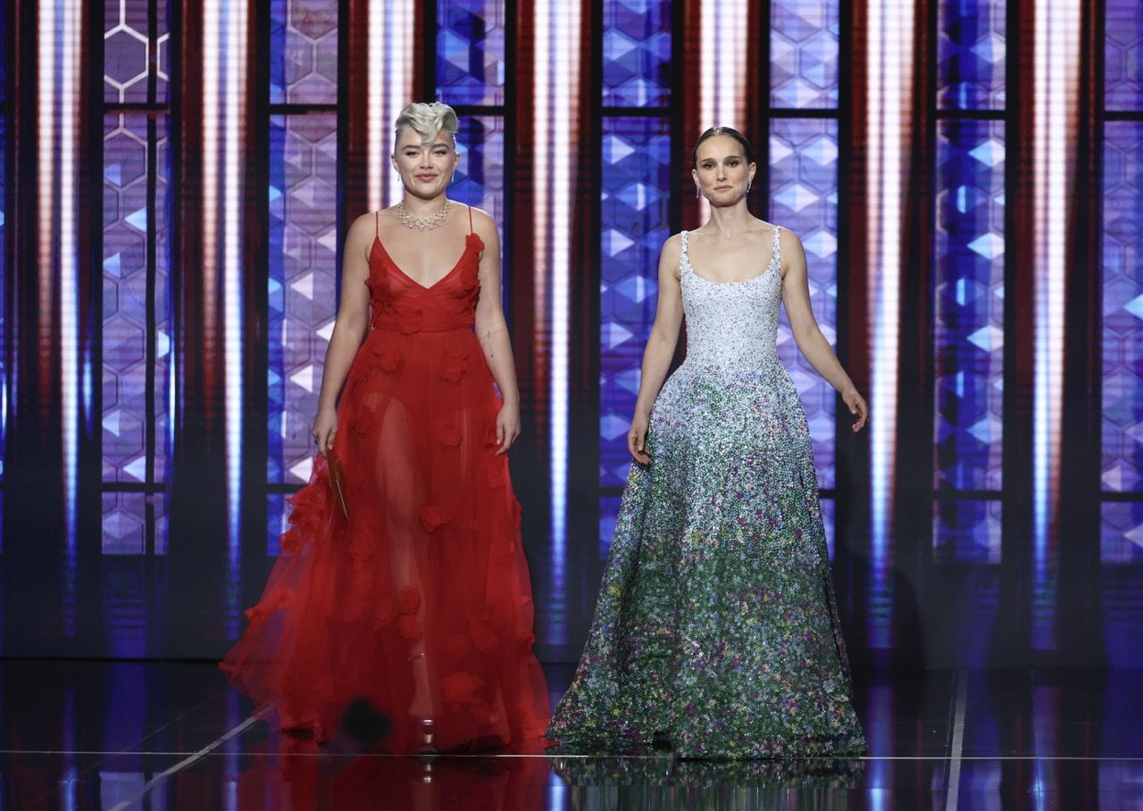 Florence Pugh and Natalie Portman speak onstage at the 81st Golden Globe Awards held at the Beverly Hilton Hotel on January 7, 2024 in Beverly Hills, California. (Photo by Rich Polk/Golden Globes 2024/Golden Globes 2024 via Getty Images)