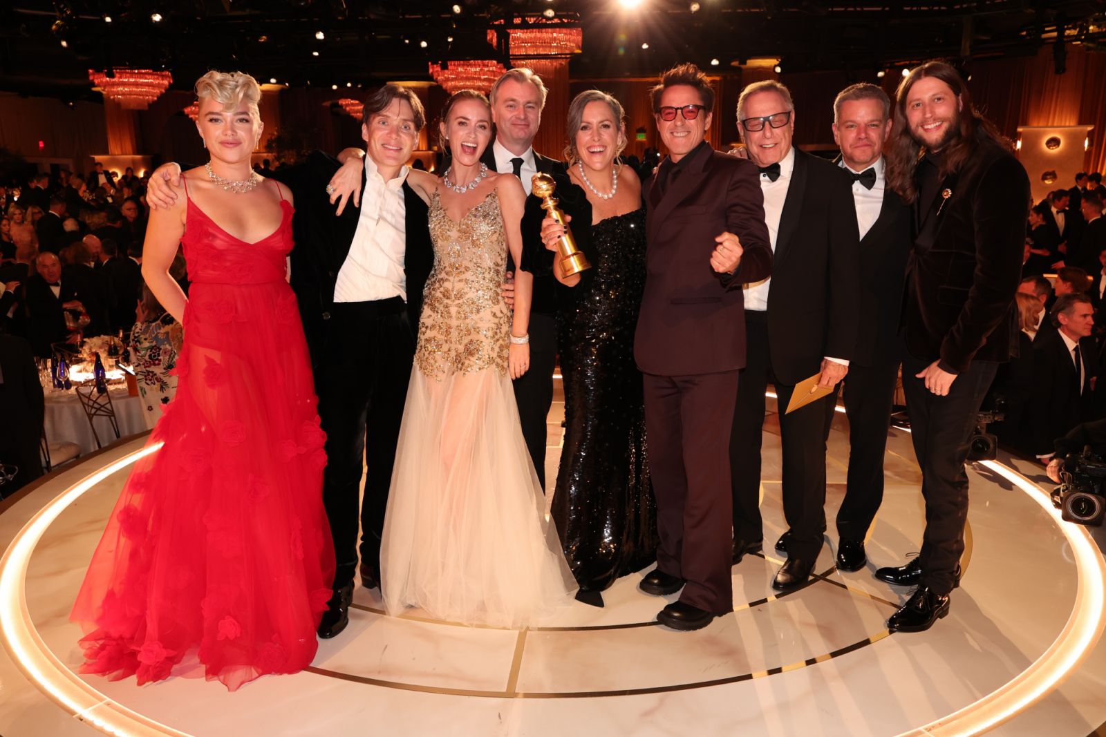 Florence Pugh, Cillian Murphy, Emily Blunt, Christopher Nolan, Emma Thomas, Robert Downey Jr., Charles Roven, Matt Damon and Ludwig Göransson accept the award for Best Motion Picture - Drama for "Oppenheimer" at the 81st Golden Globe Awards held at the Beverly Hilton Hotel on January 7, 2024 in Beverly Hills, California. (Photo by Christopher Polk/Golden Globes 2024/Golden Globes 2024 via Getty Images)