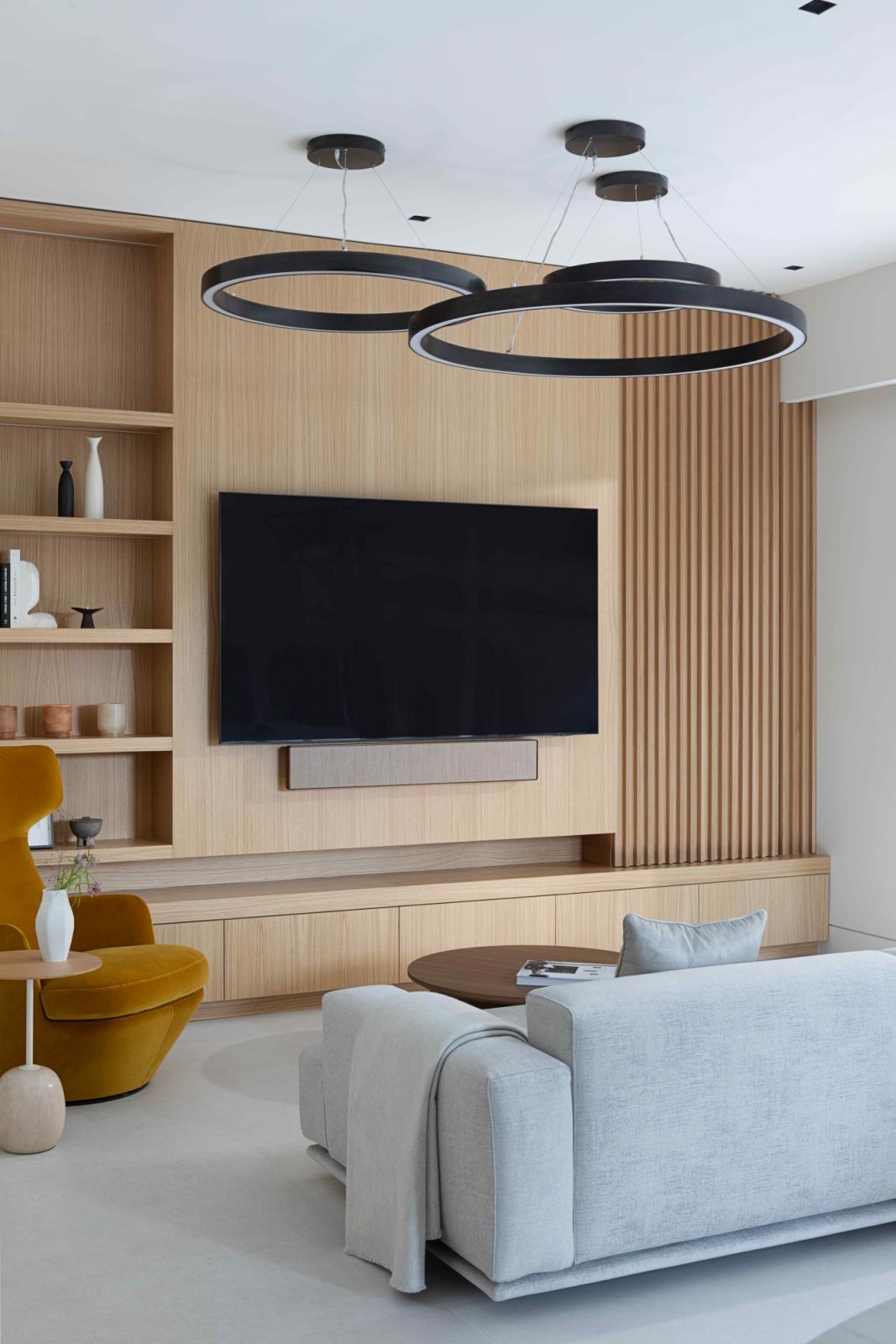 The sofa in the family room is inspired by traditional Japanese futon