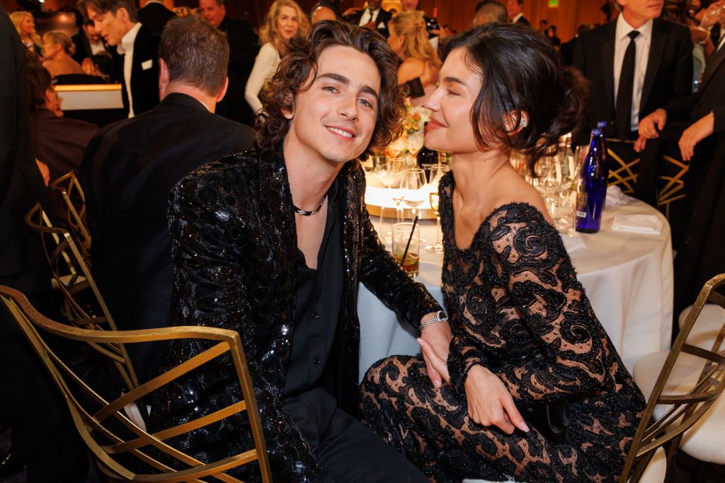 TimothÃ©e Chalamet and Kylie Jenner at the 81st Golden Globe Awards held at the Beverly Hilton Hotel on January 7, 2024 in Beverly Hills, California. (Photo by Christopher Polk/Golden Globes 2024/Golden Globes 2024 via Getty Images)