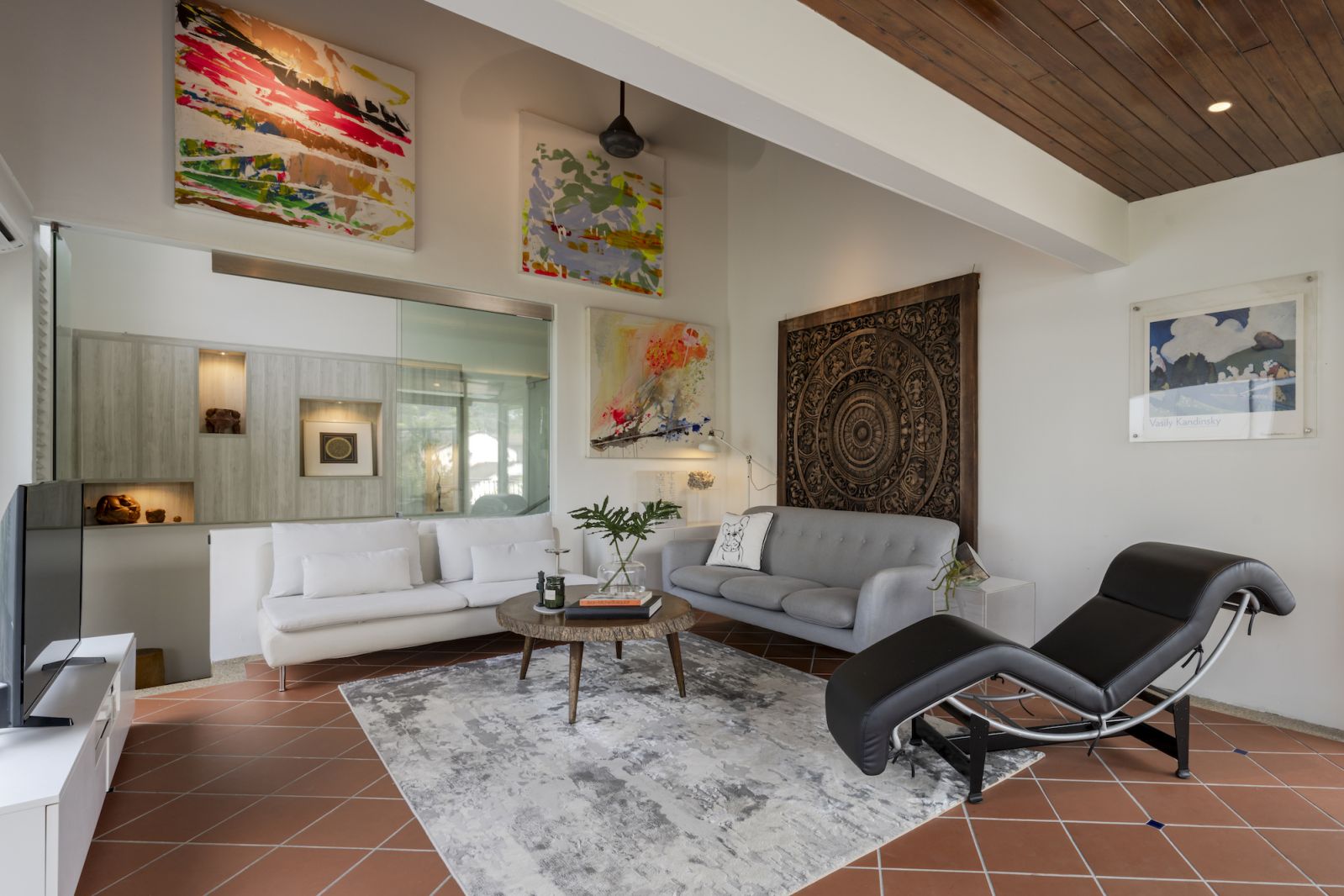 The upstairs lounge is what greets guests first