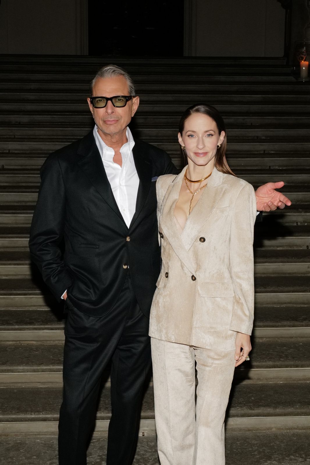 FLORENCE, ITALY - JANUARY 09: Jeff Goldblum and Emilie Livingston attend the Brunello Cucinelli Winter Dinner during 105. Pitti Immagine Uomo on January 09, 2024 in Florence, Italy. (Photo by Claudio Lavenia/Getty Images for Brunello Cucinelli)