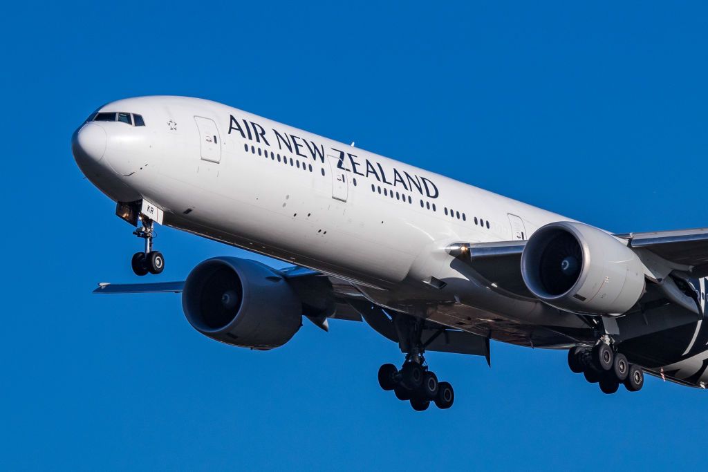Air New Zealand Boeing 777 specifically Boeing 777-319(ER) with registration ZK-OKR is landing at London Heathrow International Airport in The UK. Air New Zealand is the flag carrier of New Zealand and is based in Auckland and is state owned by 53%, the airline is also a Star Alliance member. The airline connects London Heathrow LHR EGLL to Auckland and Los Angeles. (Photo by Nicolas Economou/NurPhoto via Getty Images)