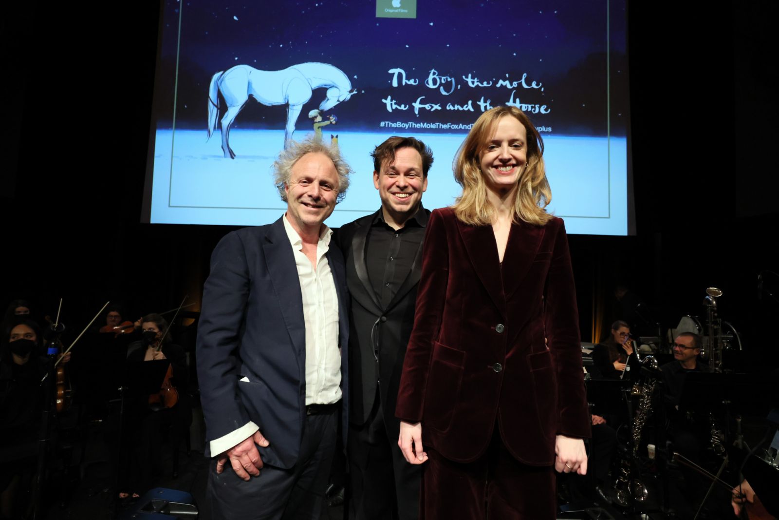 The Boy, the Mole, the Fox, and the Horse is also an Oscar nominated film. Author Charlie Mackesy, orchestral conductor Ryan McAdams and composer Isobel Waller-Bridge are seen here attend a special screening event. (Photo: Getty Images)
