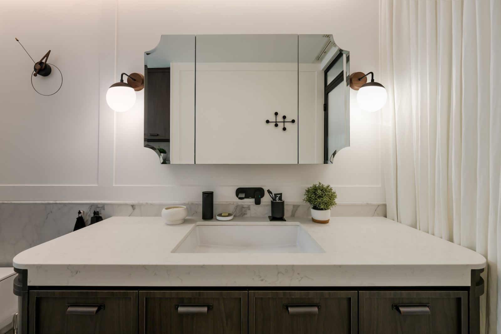 The handsomely appointed bathroom