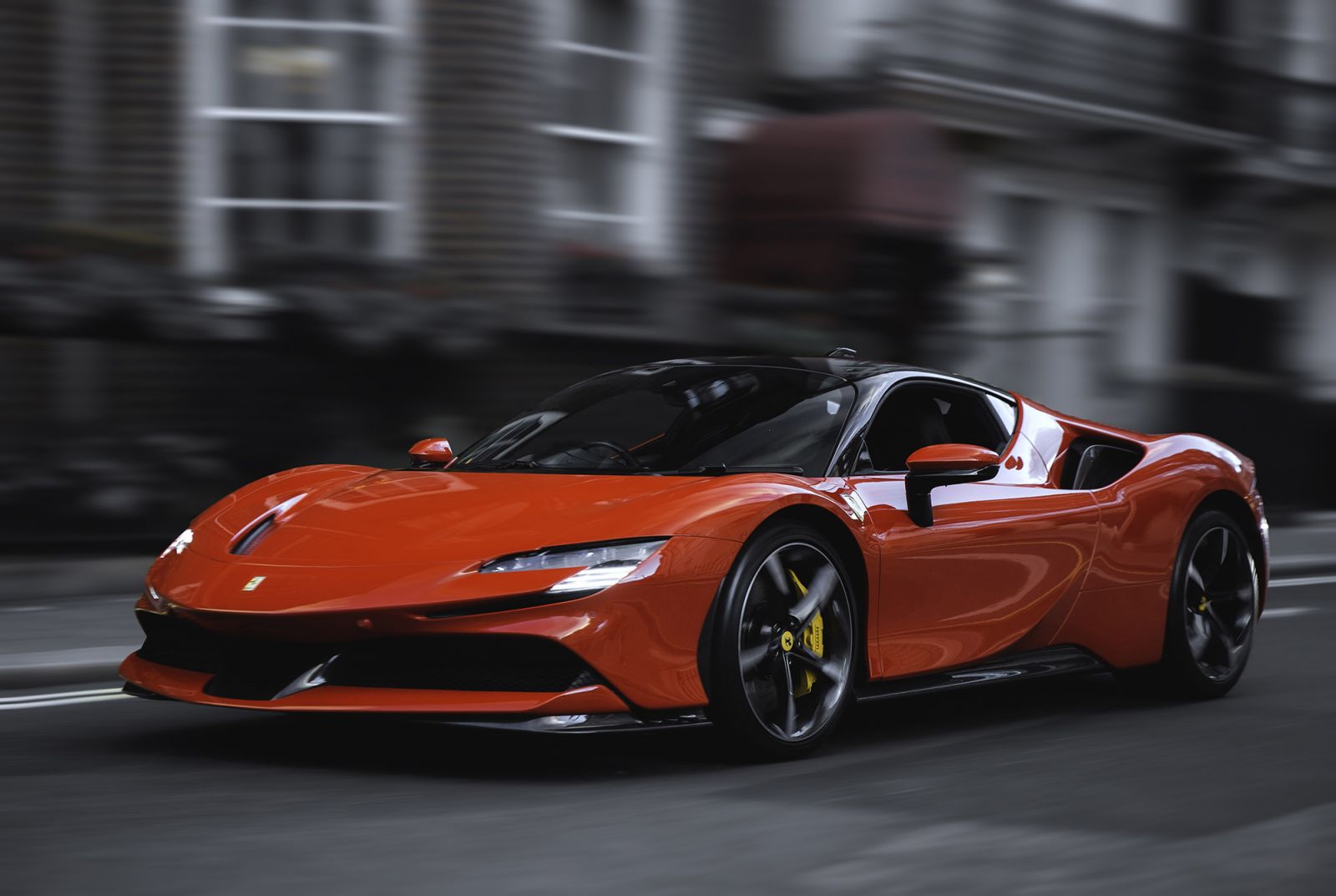 LONDON, UNITED KINDOM - January 29: The Ferrari SF90 Stradale in Mayfair, London. The SF90 Stradale is the first ever Ferrari to feature PHEV (Plug-in Hybrid Electric Vehicle) architecture which sees the internal combustion engine integrated with three electric motors. (Photo by Martyn Lucy/Getty Images)