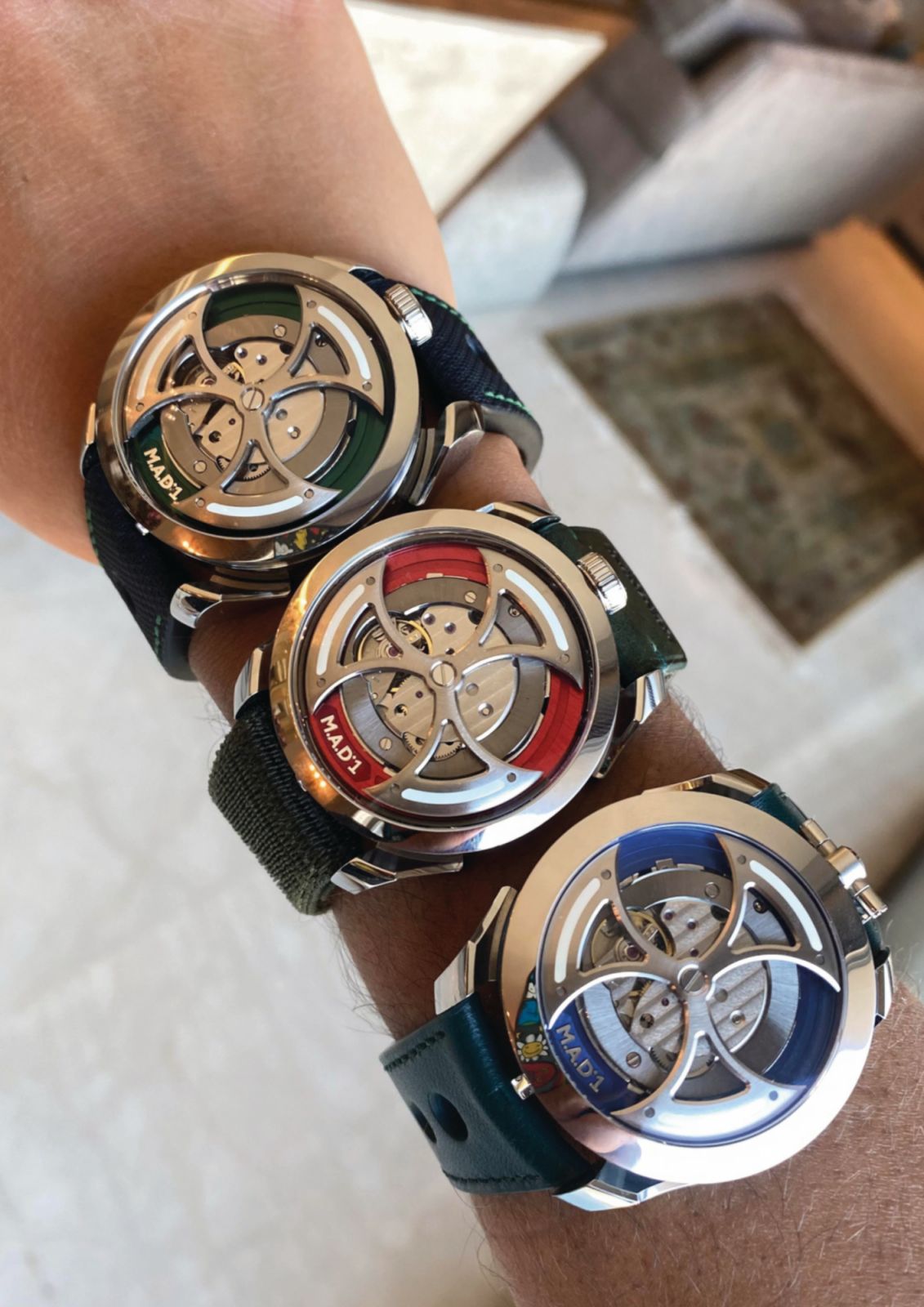 Traboulsi’s favourite brand MB&F’s MAD 1 red, green and blue editions (Photo: courtesy of Omar Traboulsi)