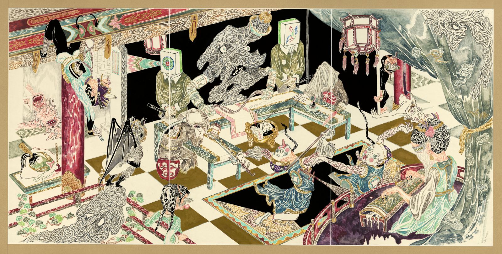 Howie Tsui's "The Banquet" (2023) on view for "The Cradle Rocks Above an Abyss" at Hanart TZ Gallery, 葵興 Kung Yip St, 17-21號, Mai On Industrial Building, 2/F, January 27 - March 9 (Photo: courtesy of Hanart TZ)