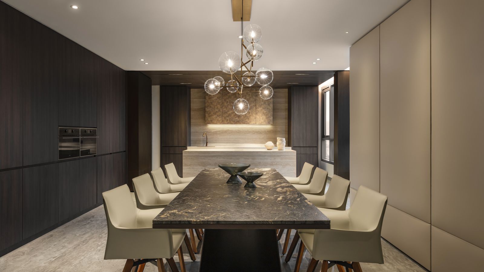 The dining area is set for elegant soirees