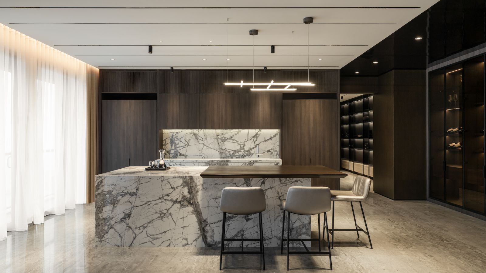 Sintered stone was chosen for the bar area