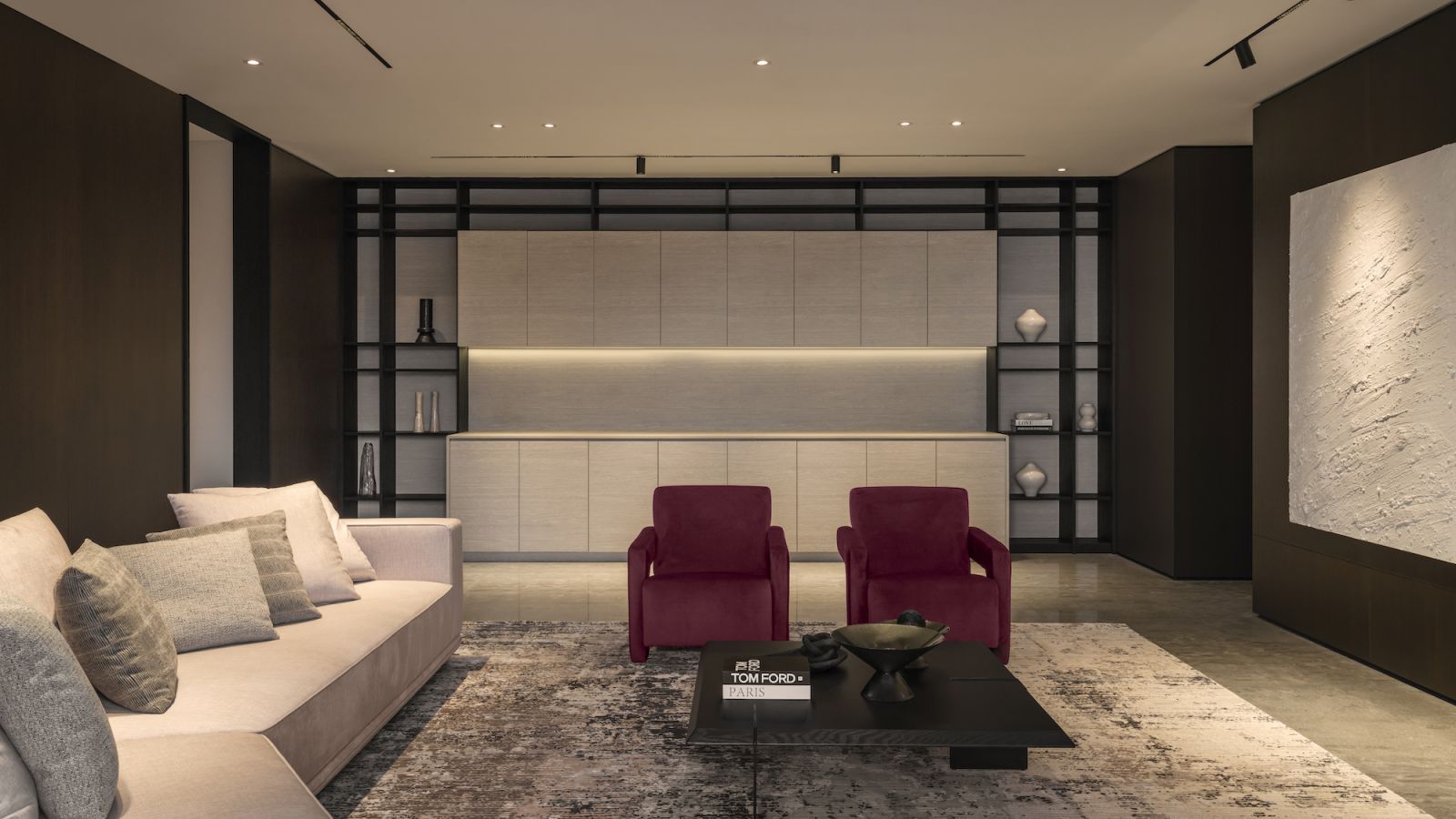 A splash of deep red adds allure to the living room