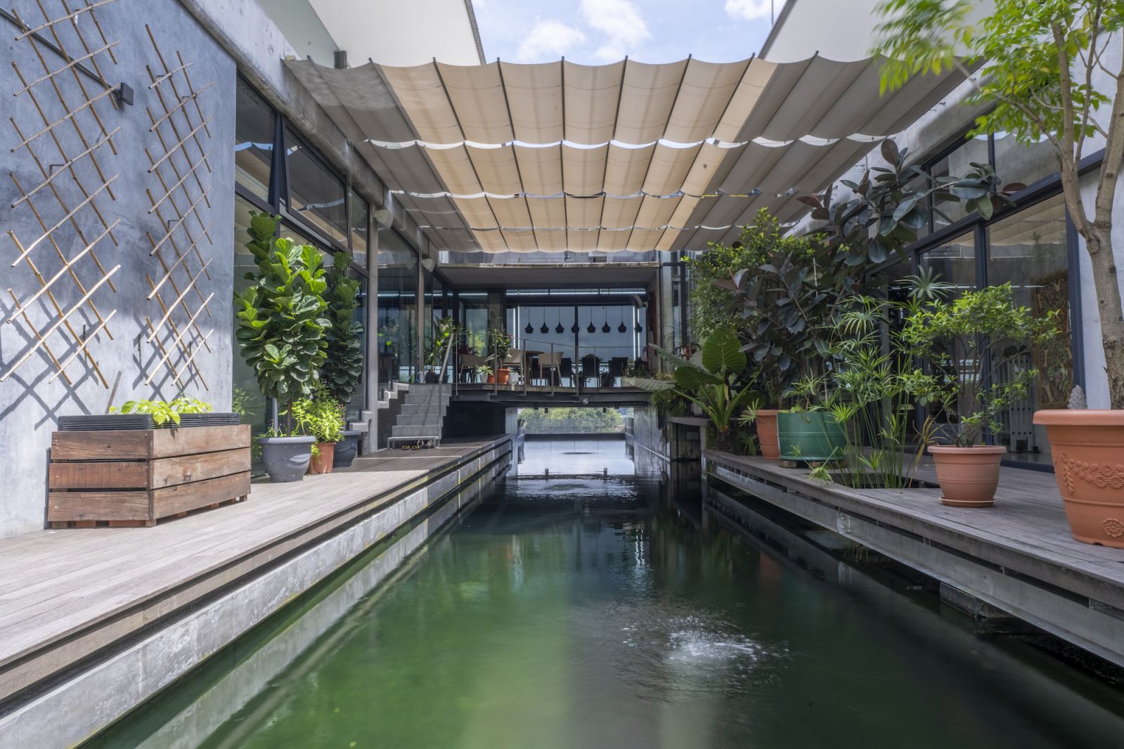 The fish pond doubles as a chlorine-free swimming pool,