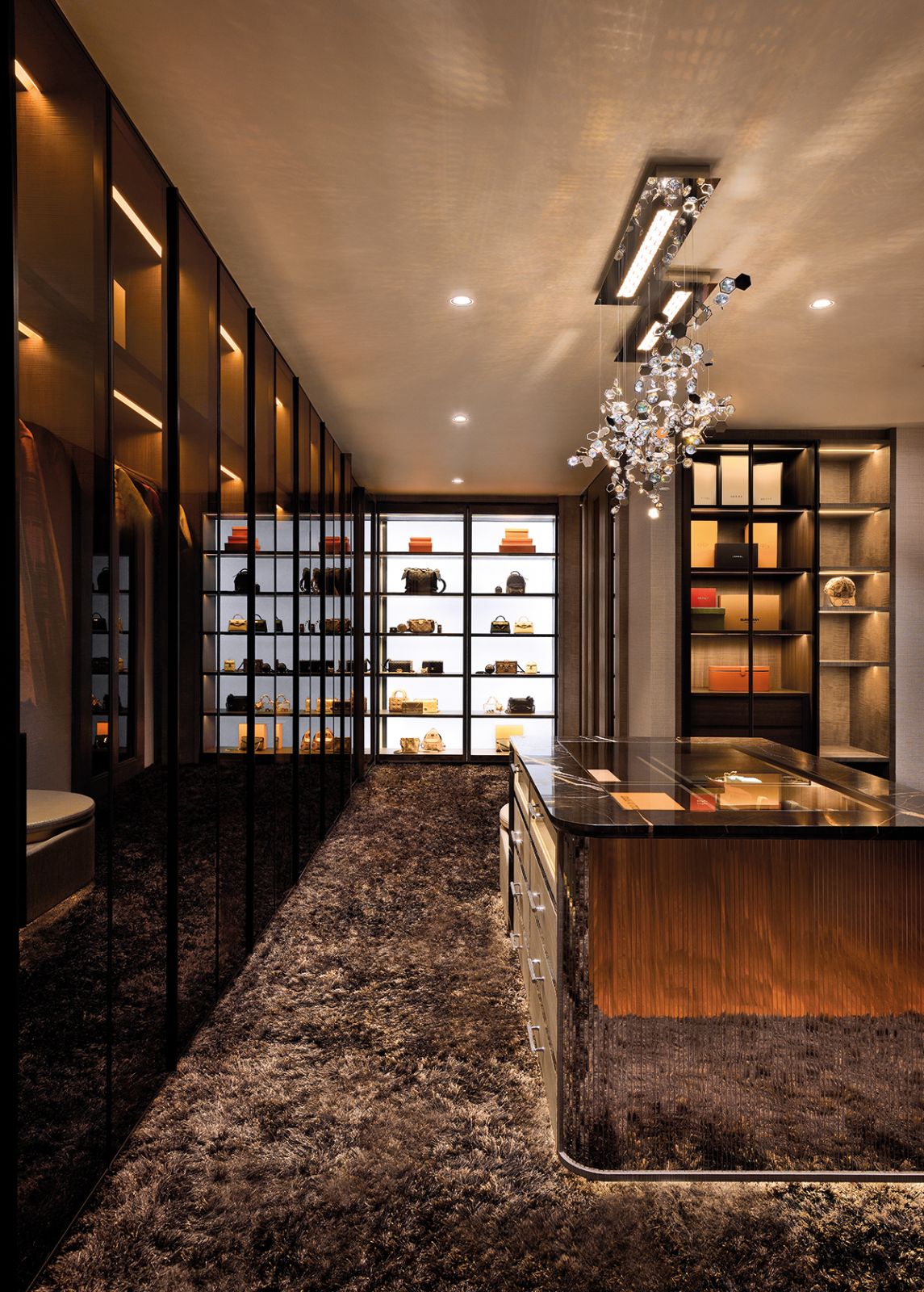 The fully carpeted dressing room highlights the couple’s assortment of fashion collectibles, bags and jewellery