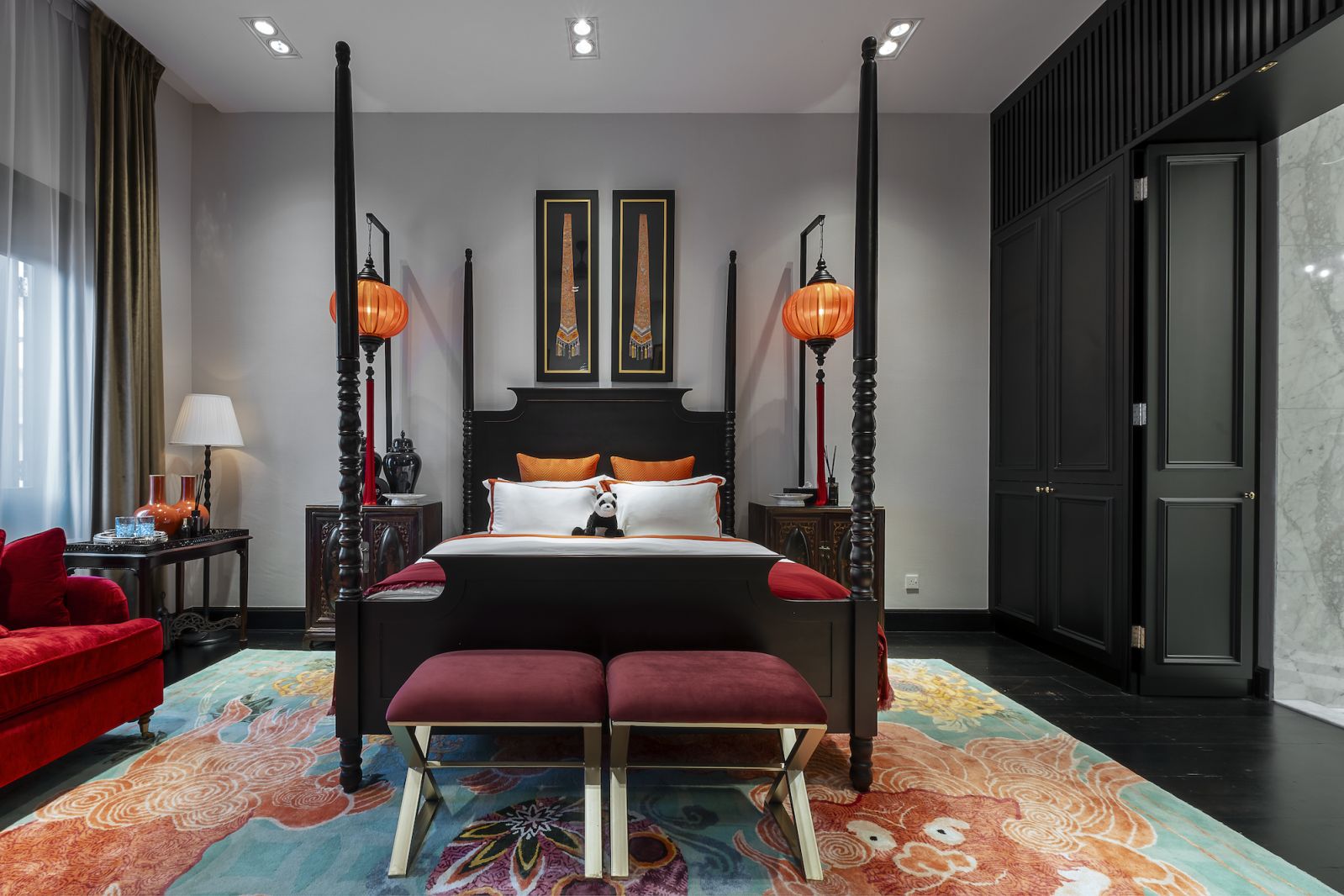 Auspicious motifs adorn the carpet