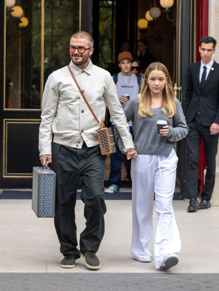 PARIS, FRANCE - SEPTEMBER 30: David Beckham and Harper Beckham are seen during the Womenswear Spring/Summer 2024 as part of Paris Fashion Week on September 30, 2023 in Paris, France. (Photo by Arnold Jerocki/Getty Images)