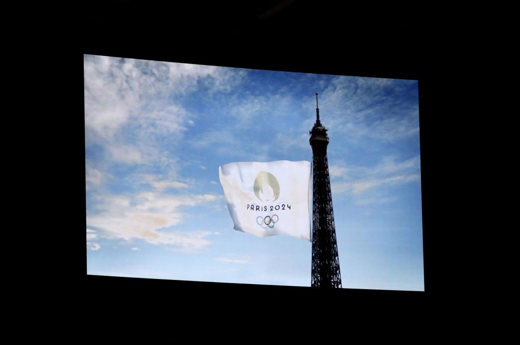 TOKYO, JAPAN - AUGUST 08: The video presentation for Paris 2024 is seen during the Closing Ceremony of the Tokyo 2020 Olympic Games at Olympic Stadium on August 8, 2021 (Photo by Xavier Laine/Getty Images)