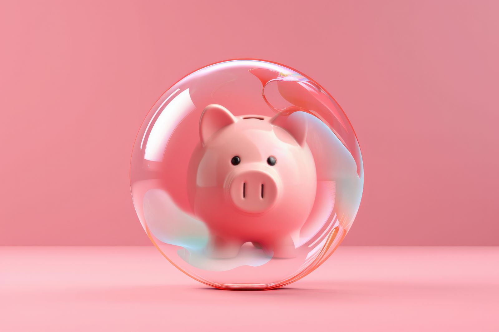One piggy bank inside a glass ball on pink background. 3D illustration.