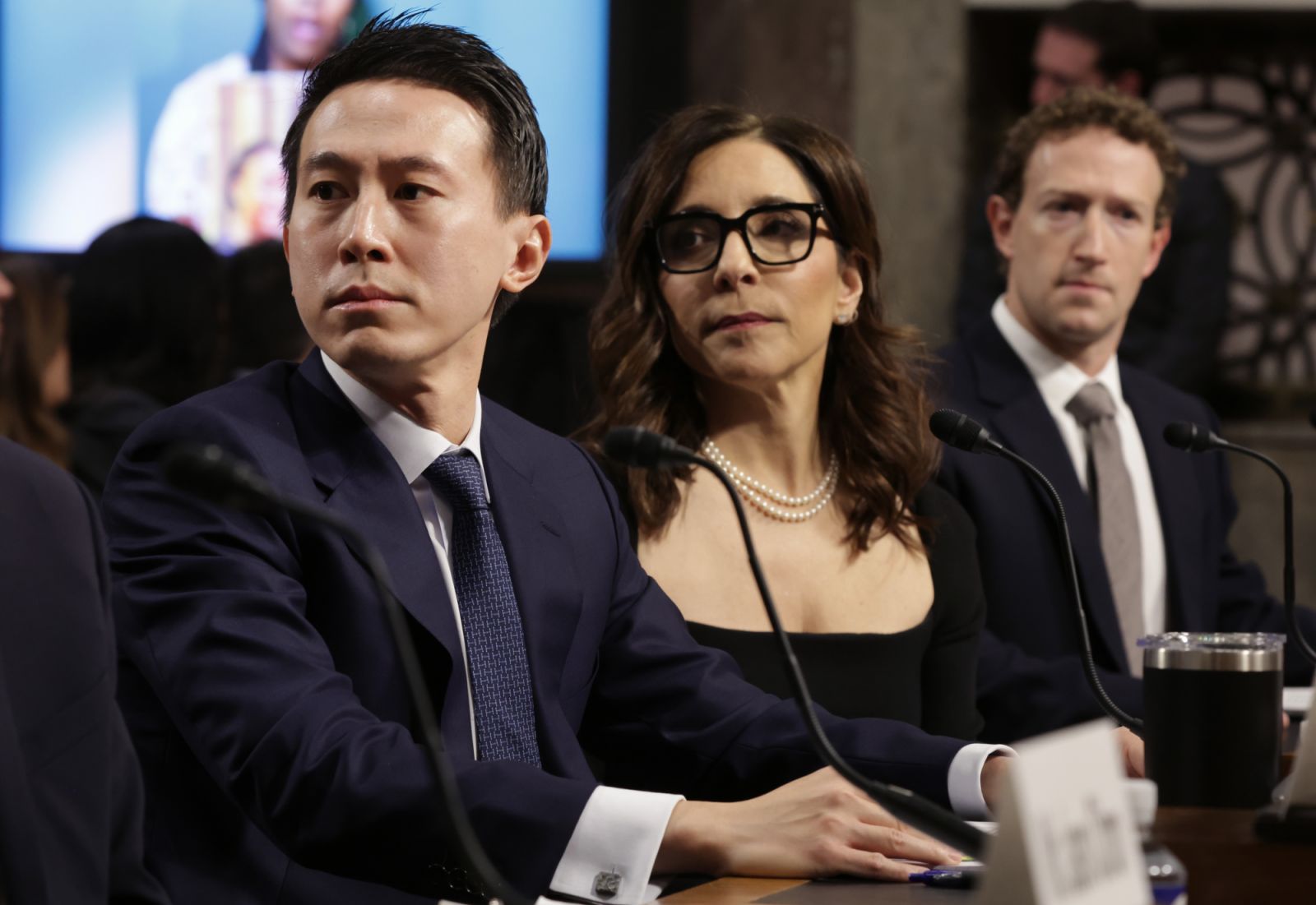 WASHINGTON, DC - JANUARY 31: (L-R) Shou Zi Chew, CEO of TikTok, Linda Yaccarino, CEO of X, and Mark Zuckerberg, CEO of Meta, testify before the Senate Judiciary Committee at the Dirksen Senate Office Building on January 31, 2024 in Washington, DC. The committee heard testimony from the heads of the largest tech firms on the dangers of child sexual exploitation on social media. (Photo by Alex Wong/Getty Images)