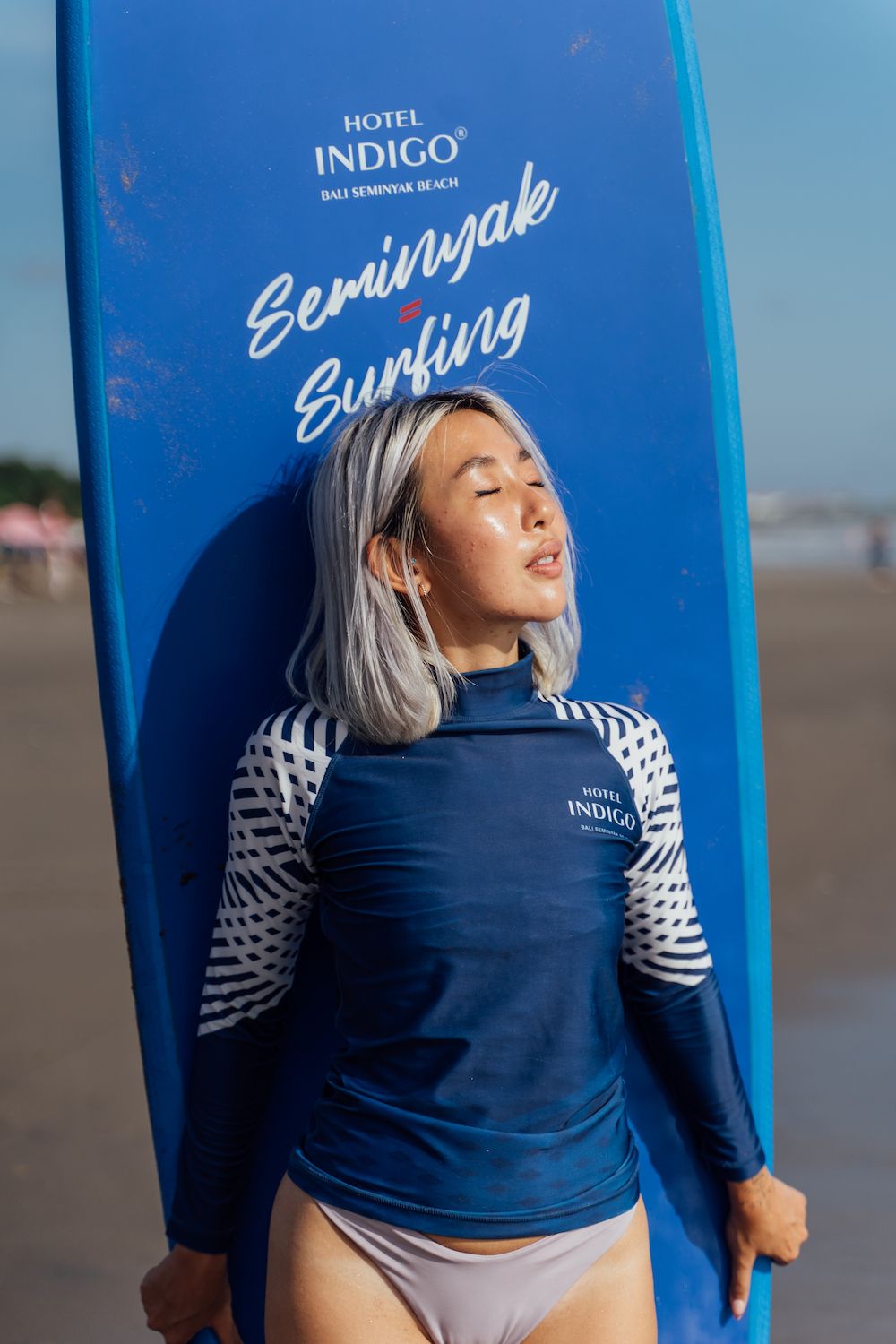 Guests at Hotel Indigo Bali Seminyak Beach can borrow a surfing rash guard while they explore the hotel’s iconic coastline