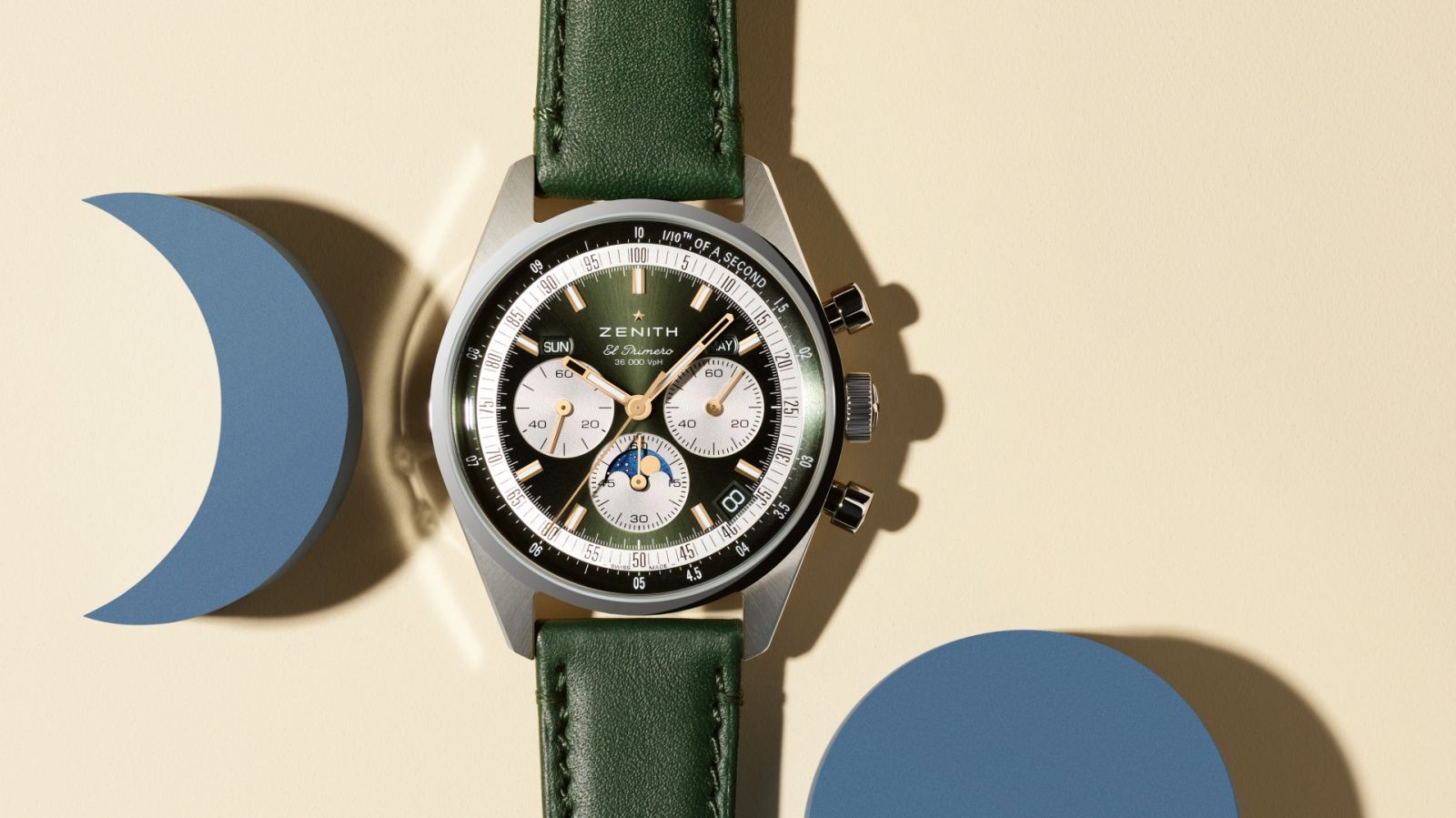 橄欖綠款式的Chronomaster Original Triple Calendar全日曆月相計時腕錶只有在Zenith官網、台中天文時創專賣店上面能夠買到。（Photo: Zenith）