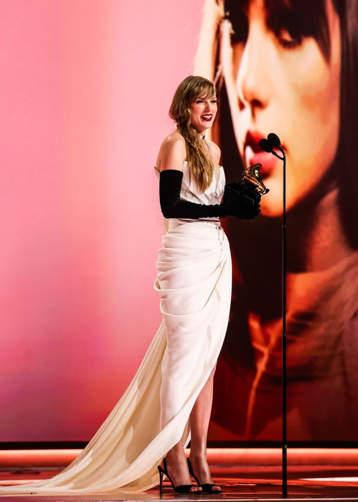 LOS ANGELES, CALIFORNIA - FEBRUARY 04: Taylor Swift accepts the Best Pop Vocal Album award for "Midnights" during the 66th GRAMMY Awards on February 04, 2024 in Los Angeles, California. (Photo by John Shearer/Getty Images for The Recording Academy)