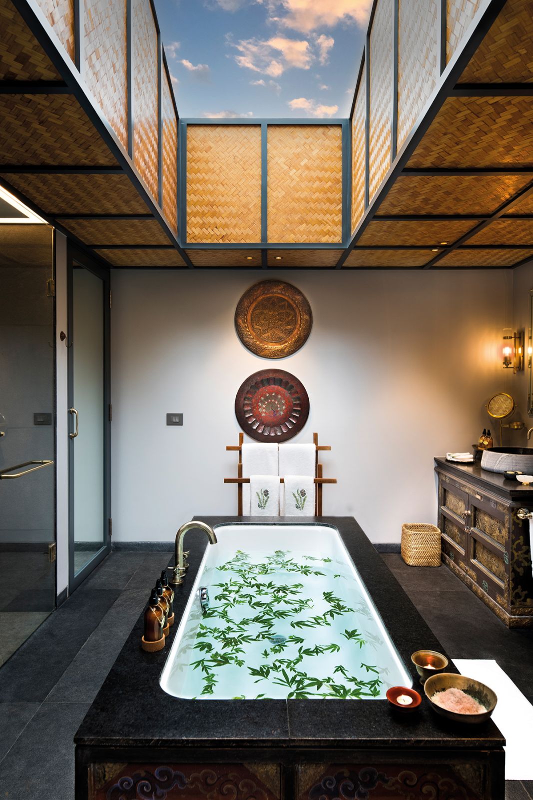 The opulent bathroom in Punakha River Lodge’s tented suite opens up to the sky