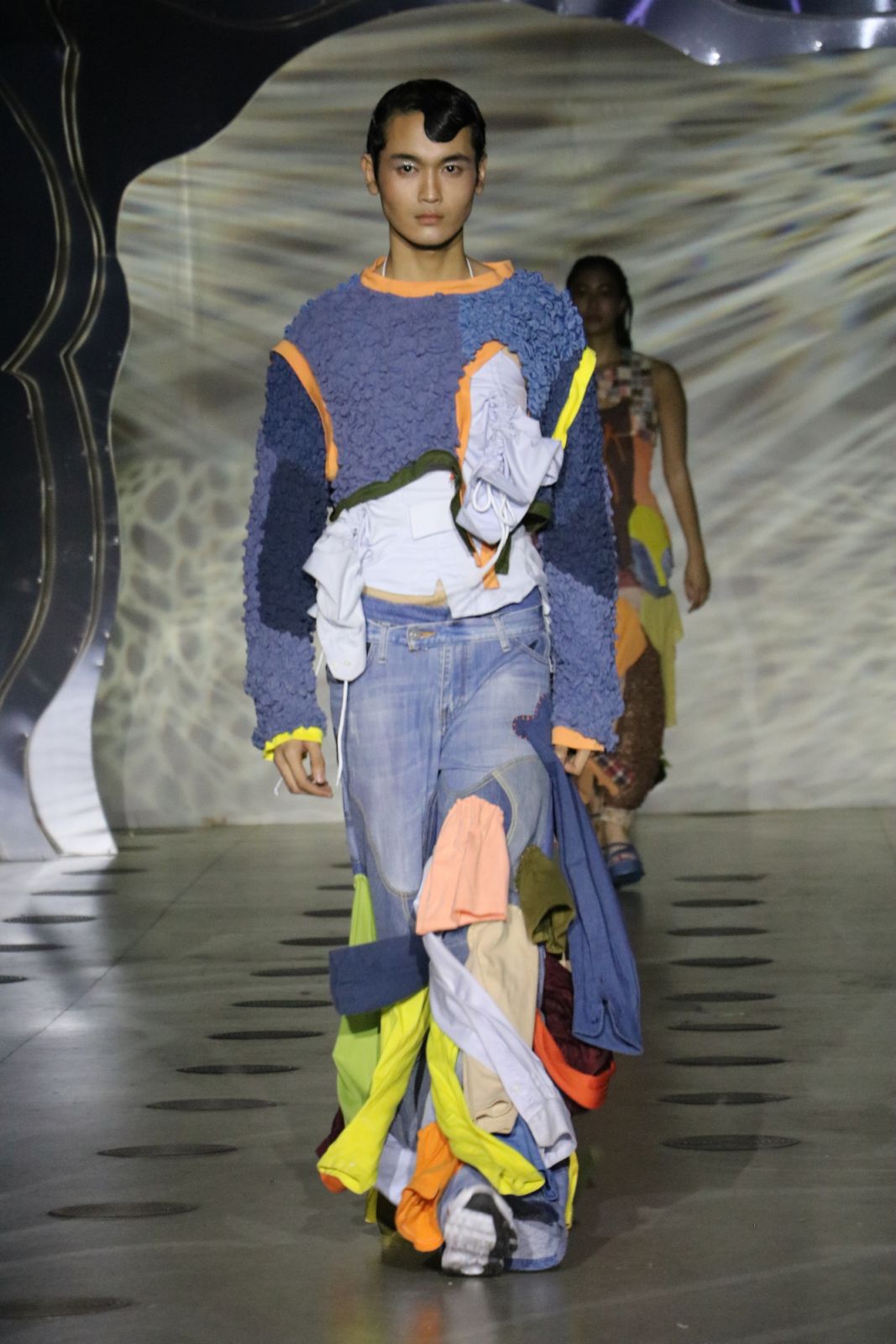 A multicoloured denim-heavy outfit from the Falability of Memory collection by Kristine Ann Ordonez