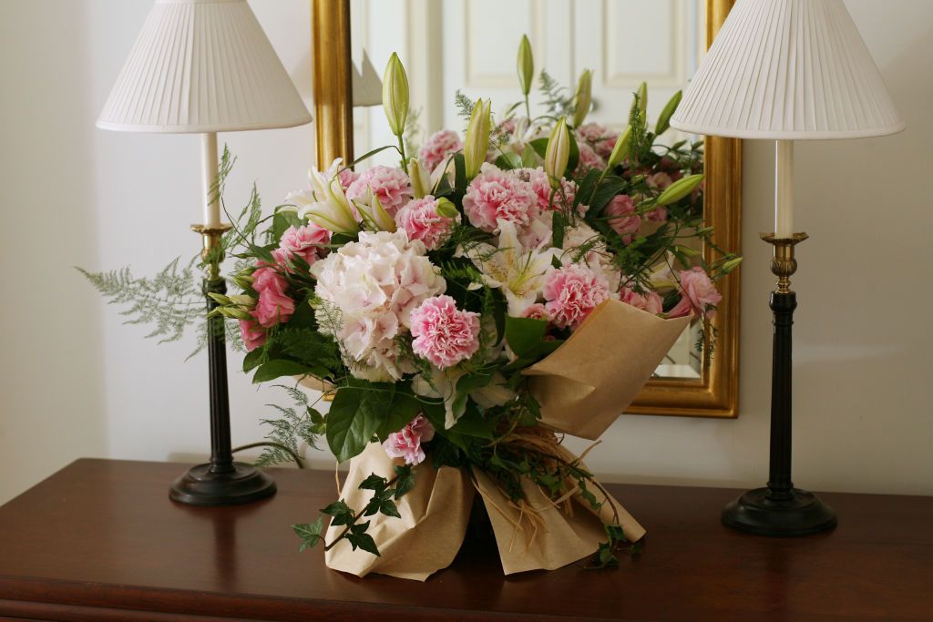 A style of bouquet: Lily, carnation, eustoma, hydrangea, asparagus, for homemaker mother for Mother's Day as organised by The Peninsula Hong Kong chief florist Ellie Kam.The Peninsula Hong Kong, 18 Salisbury Road, Tsim Sha Tsui. 30 APRIL 2007 (Photo by Dickson Lee/South China Morning Post via Getty Images)