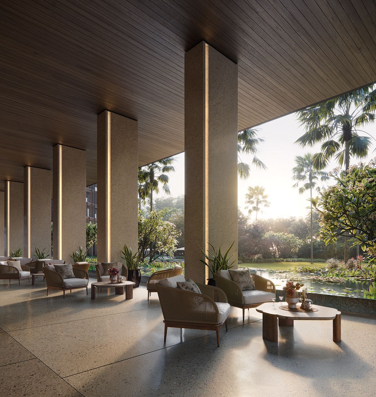 The outdoor seating areas enjoy cool breezes courtesy of the various bodies of water located on the premises