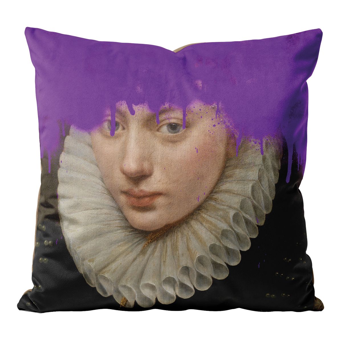 Purple for ox. Spark your sense of creativity with the colour purple, such as the aubergine shade on this cheeky paint-dripped portrait cushion from Ink & Drop