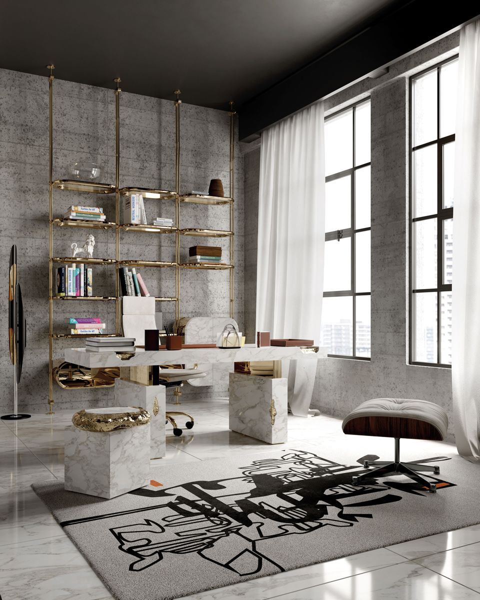 An office featuring the Nougat marble desk from Caffe Latte