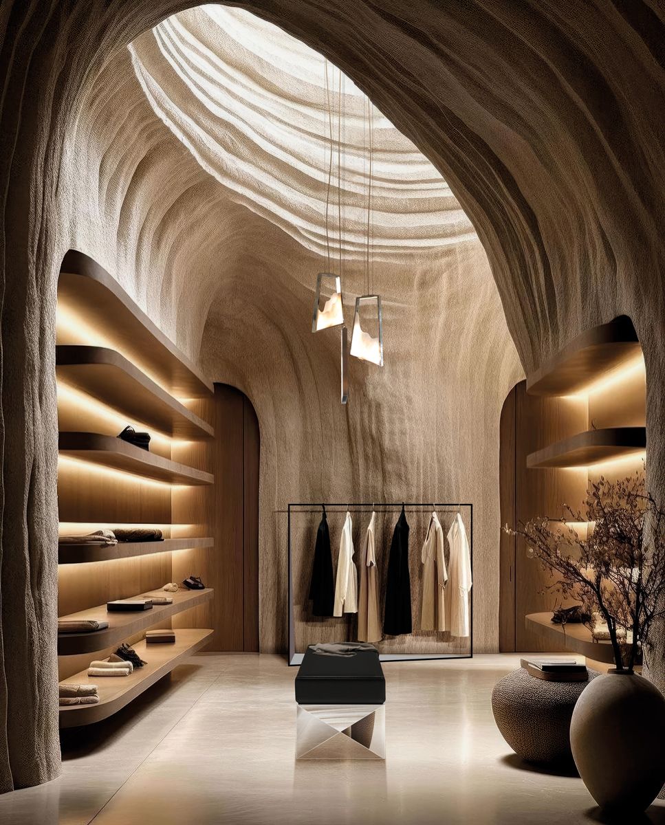 A textural closet and dressing area by Covet House