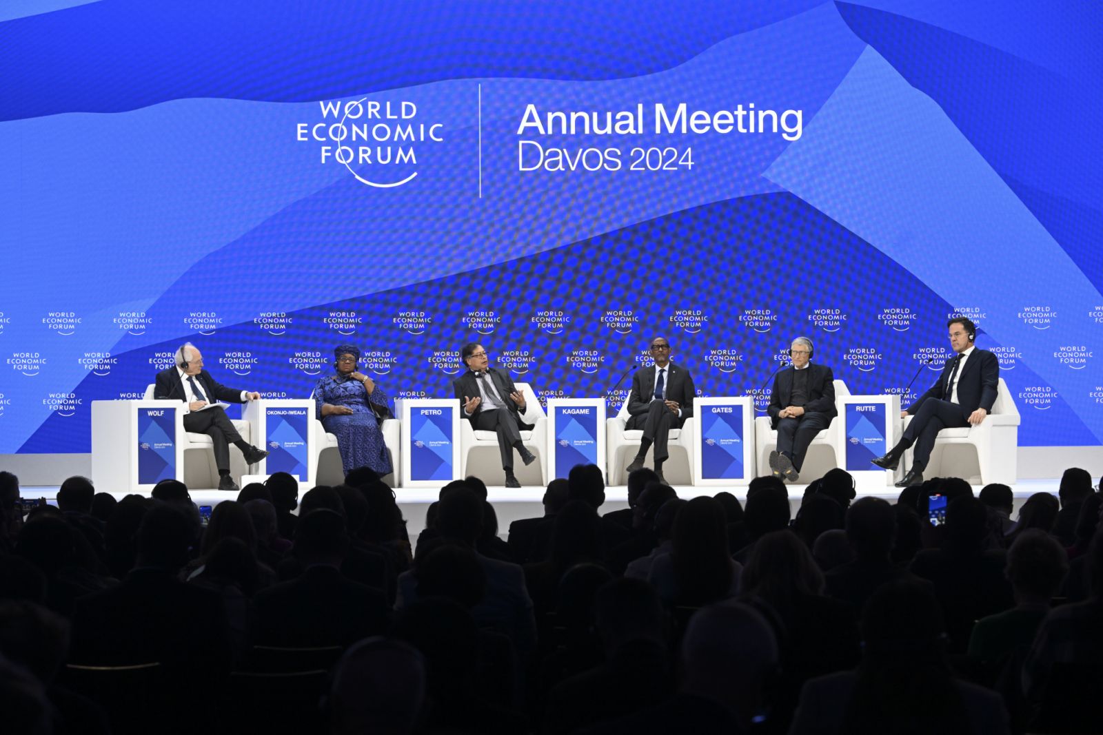 DAVOS, SWITZERLAND - JANUARY 17: Colombian President Gustavo Petro, Dutch Prime Minister Mark Rutte, Microsoft founder Bill Gates, Rwandan President Paul Kagame and World Trade Organization (WTO) Director-General Ngozi Okonjo-Iweala participate in the World Economic Forum (WEF) in Davos, Switzerland on January 17, 2024. (Photo by Halil Sagirkaya/Anadolu via Getty Images)
