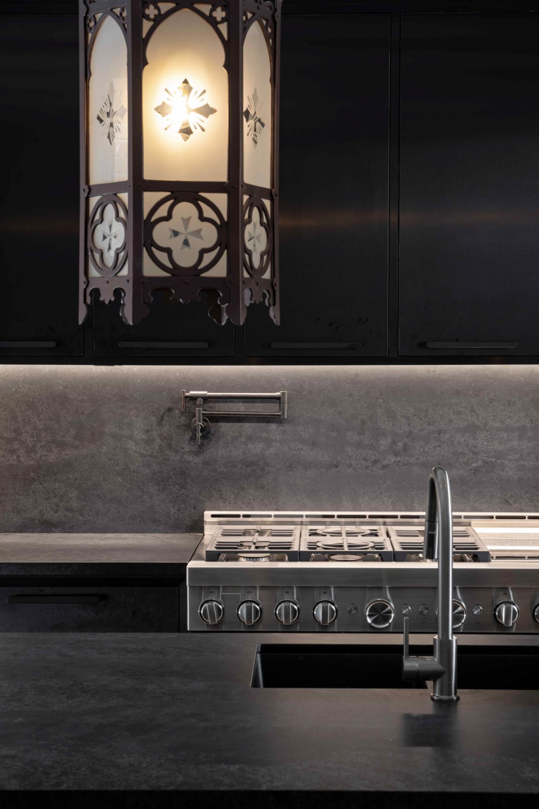 The original pendants were relocated into the kitchen area