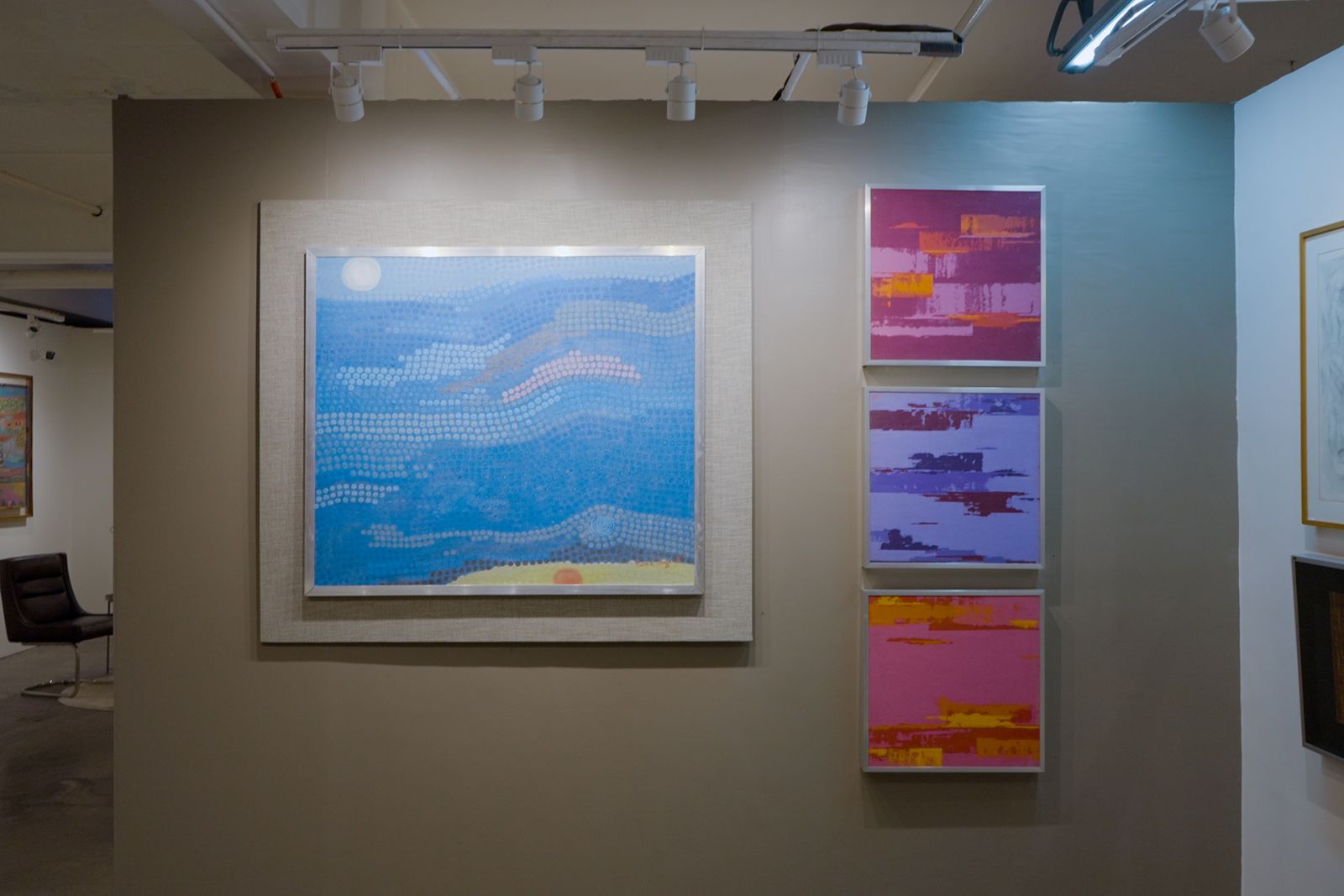 Nena Saguil, Waves, 1970, oil on canvas, and Phyllis Zaballero, Earth and Sky #12, #9, and # 13, 1980, acrylic on canvas