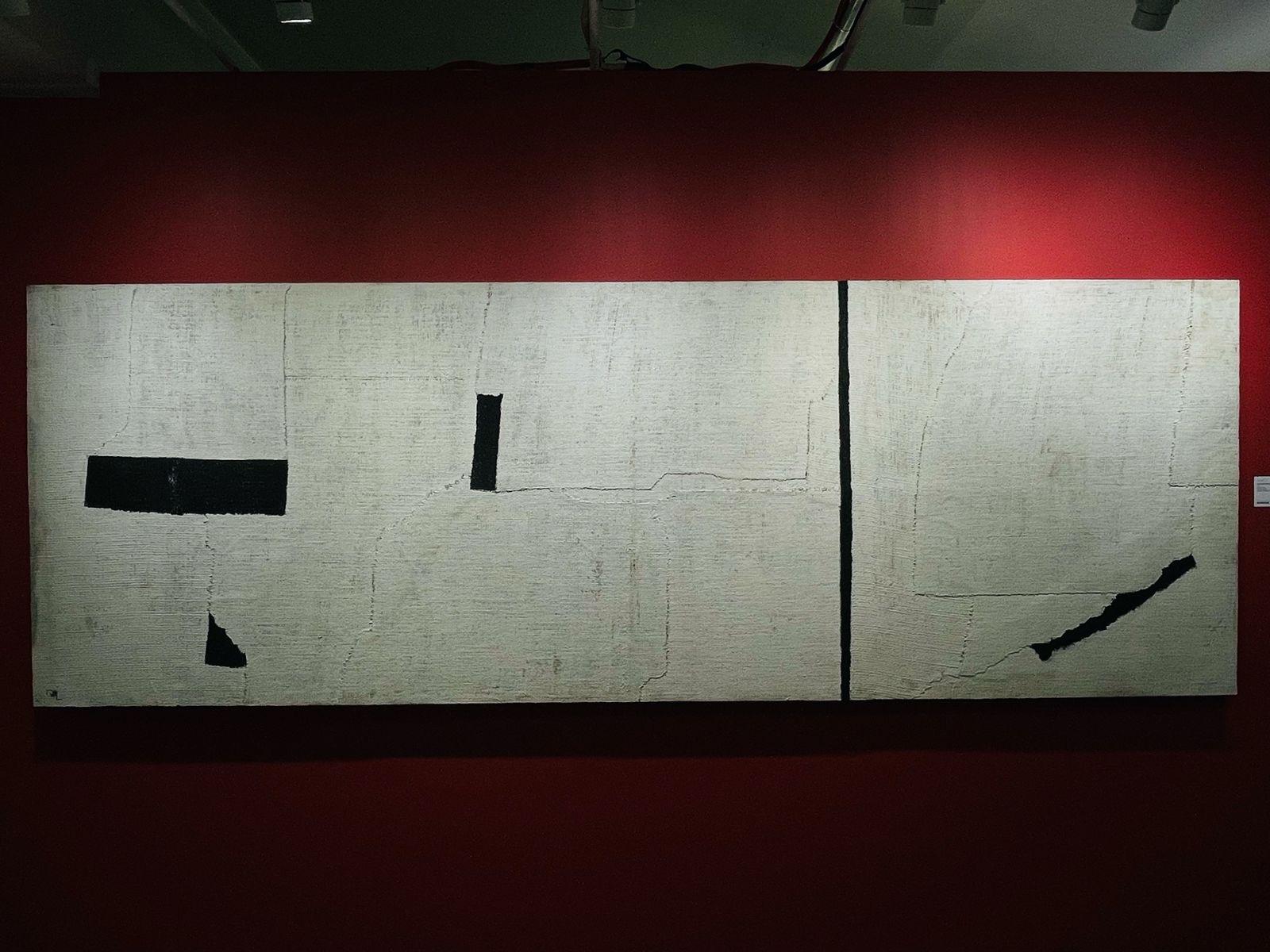 Arturo Luz, Black and White Improvisation No. 1, painted burlap, 39h x 114w inches, 1980