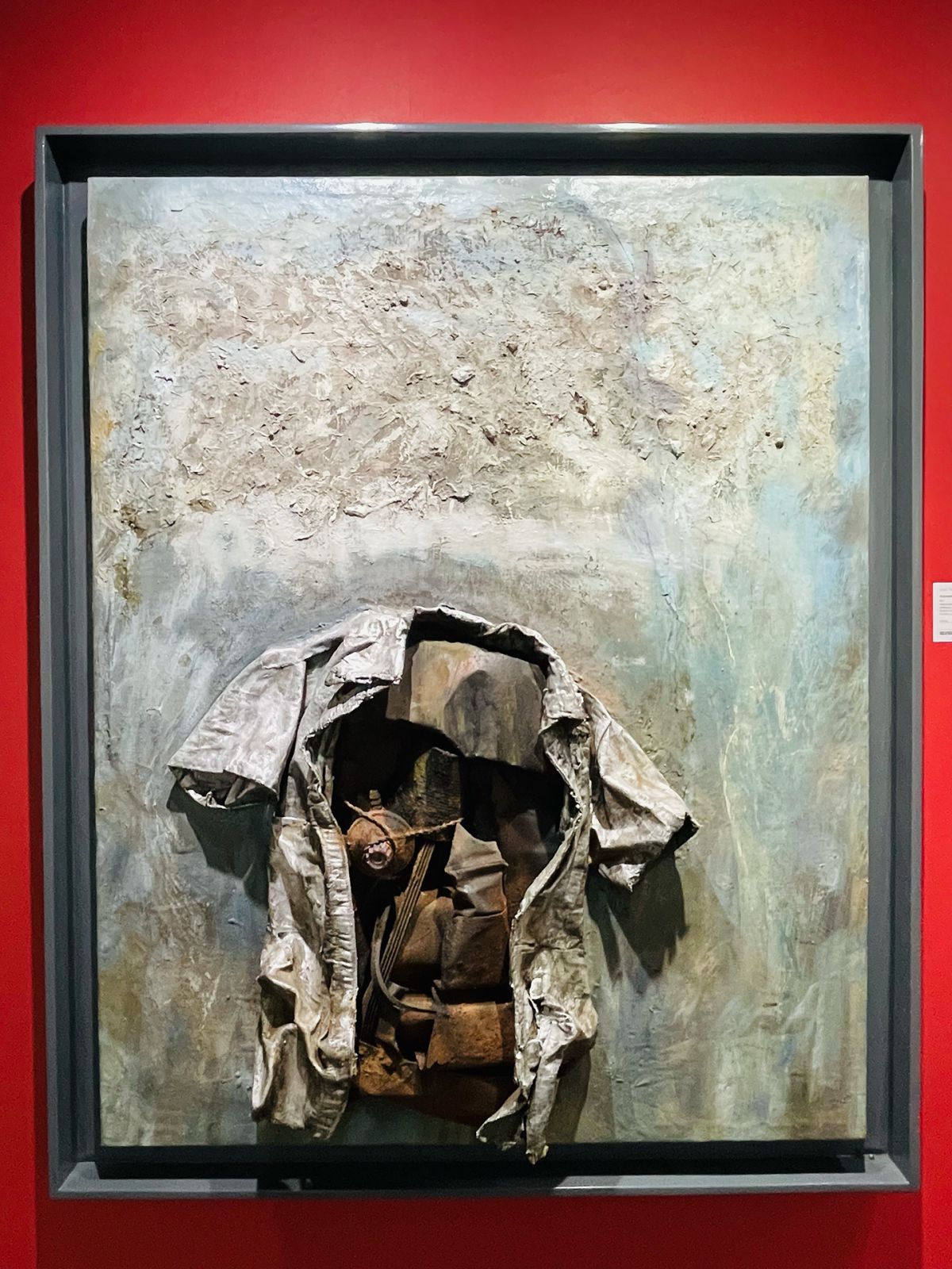 Jose Tence Ruiz, Alienation Suite_Kaluluwang Kalawangin, 1977, mixed media acrylic, oil, PVA glue, Urea-Formaldehyde, adhesive, metal, fabric on white twill, 49.8h x 40.94w x 2.76d inches