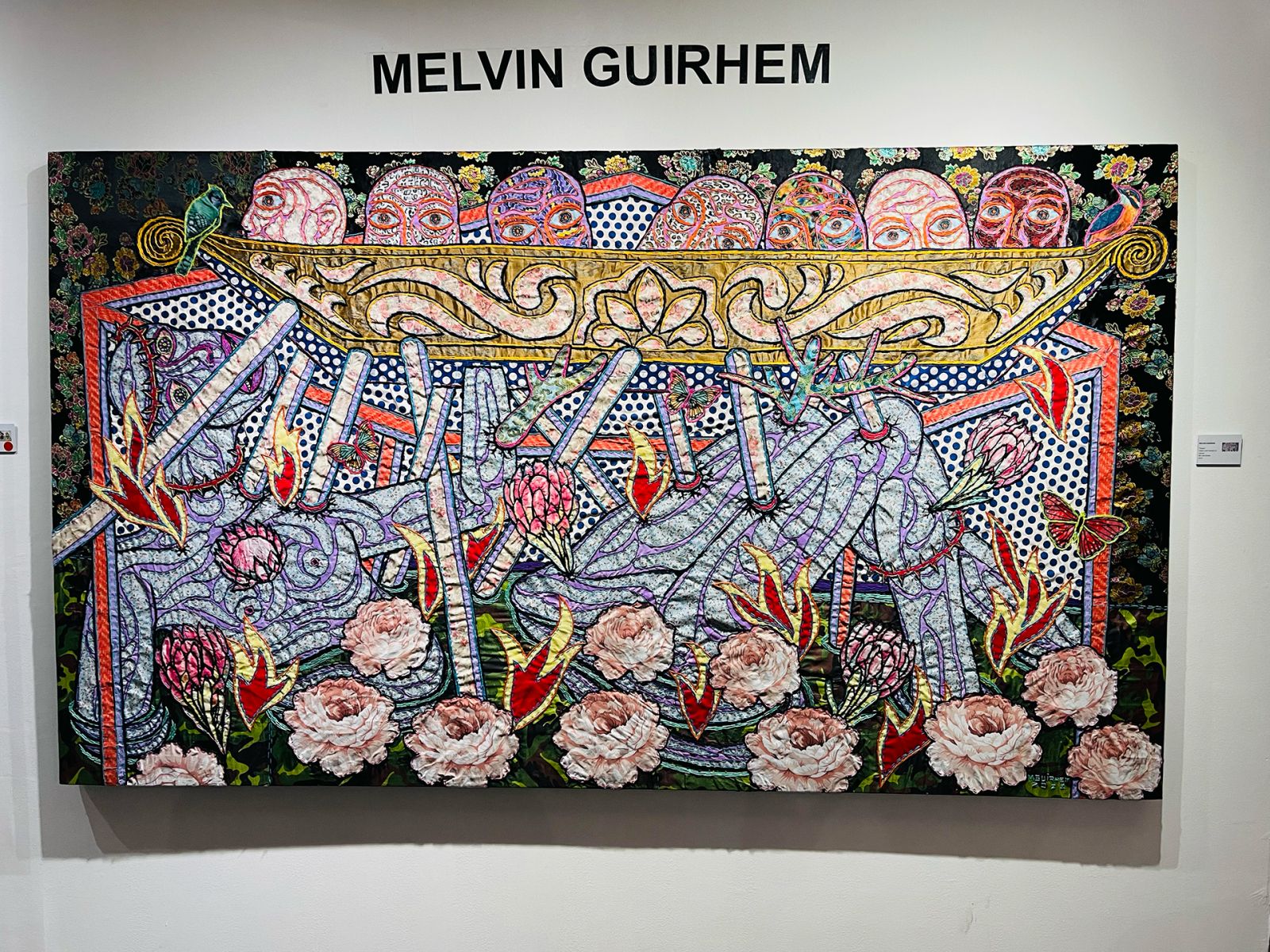 Melvin Guirhem, Kargo, fabric and thread on canvas, 24 x 84 inches, 2023