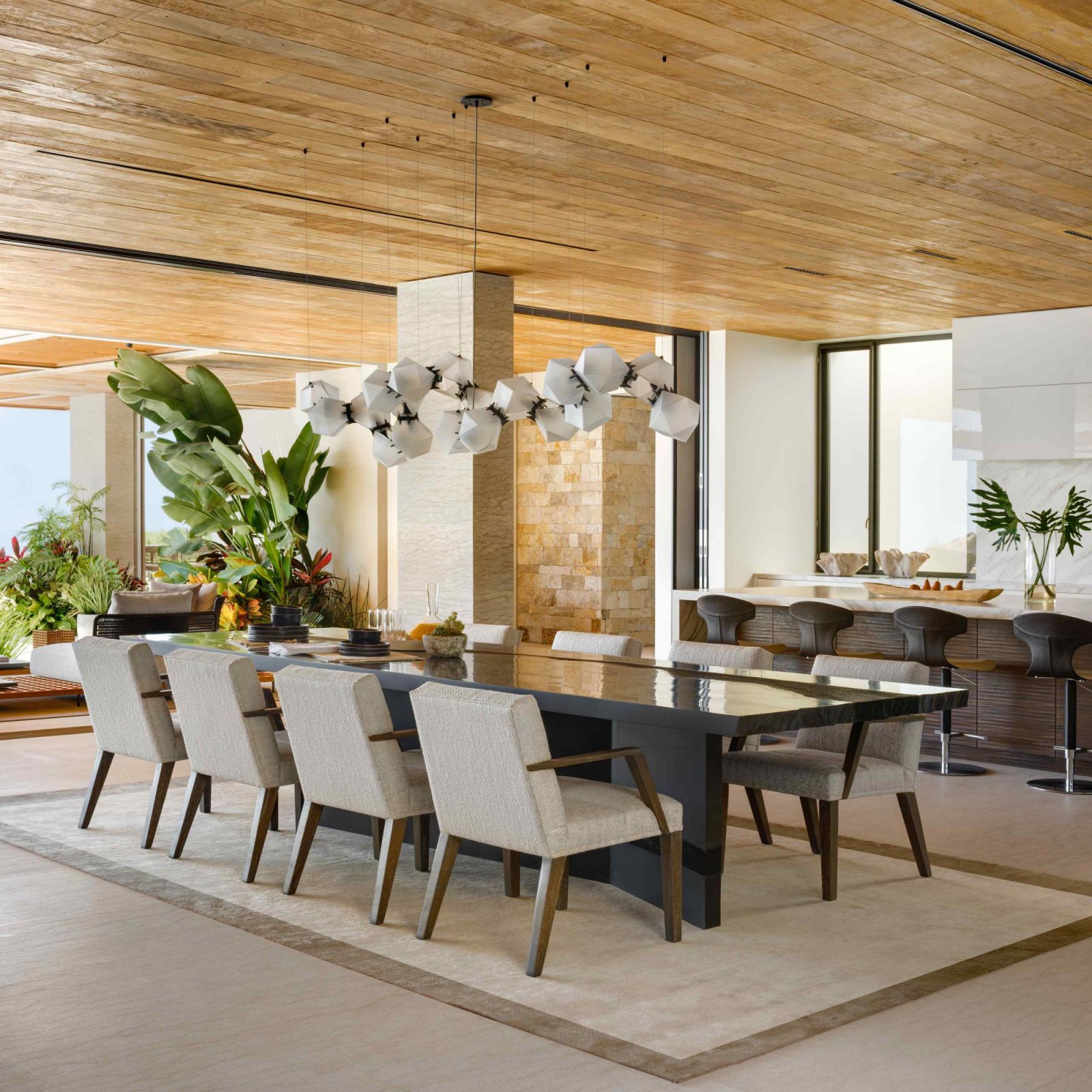 The dining and kitchen areas accommodate large parties