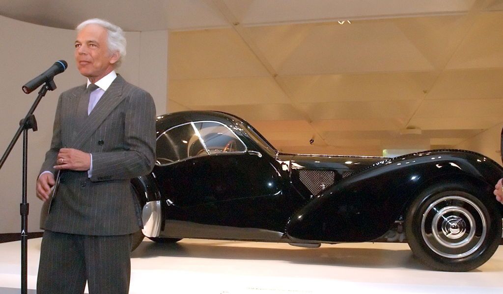 Ralph Lauren car collection on display at the Museum of Fine Arts. Lauren addresses the media with his 1938 Bugatti Type 57SC Atlantic Coupe behind him. (Photo by MediaNews Group/Boston Herald via Getty Images)