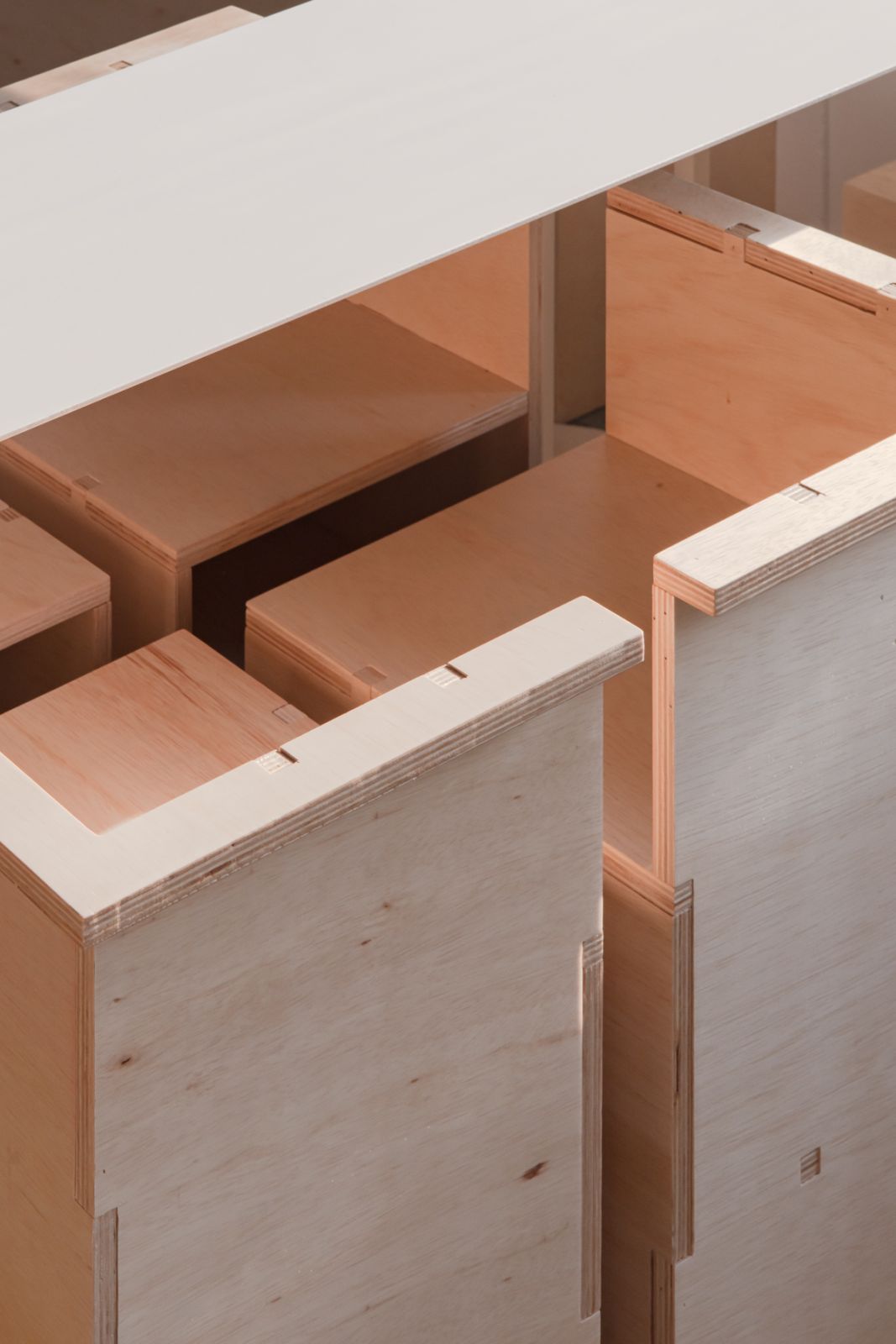 Custom wooden furnishings reminiscent of Jenga pieces (Photo: David Yeow)