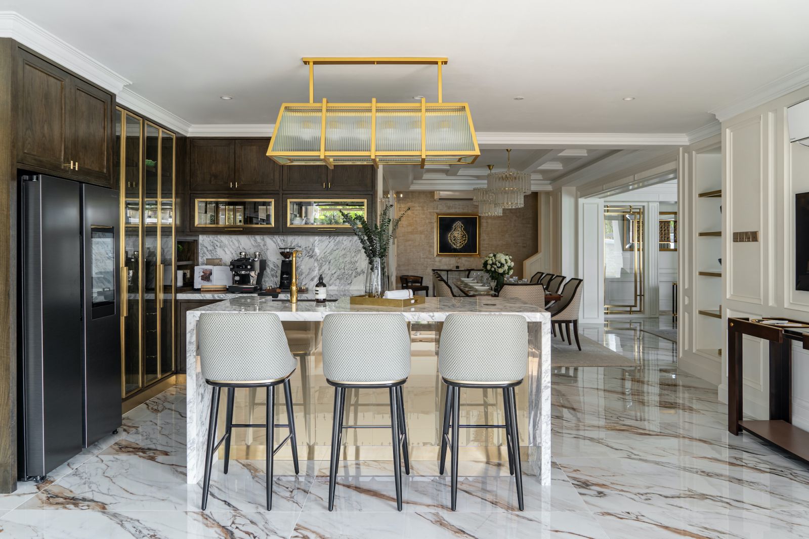 The dry kitchen is casually classical